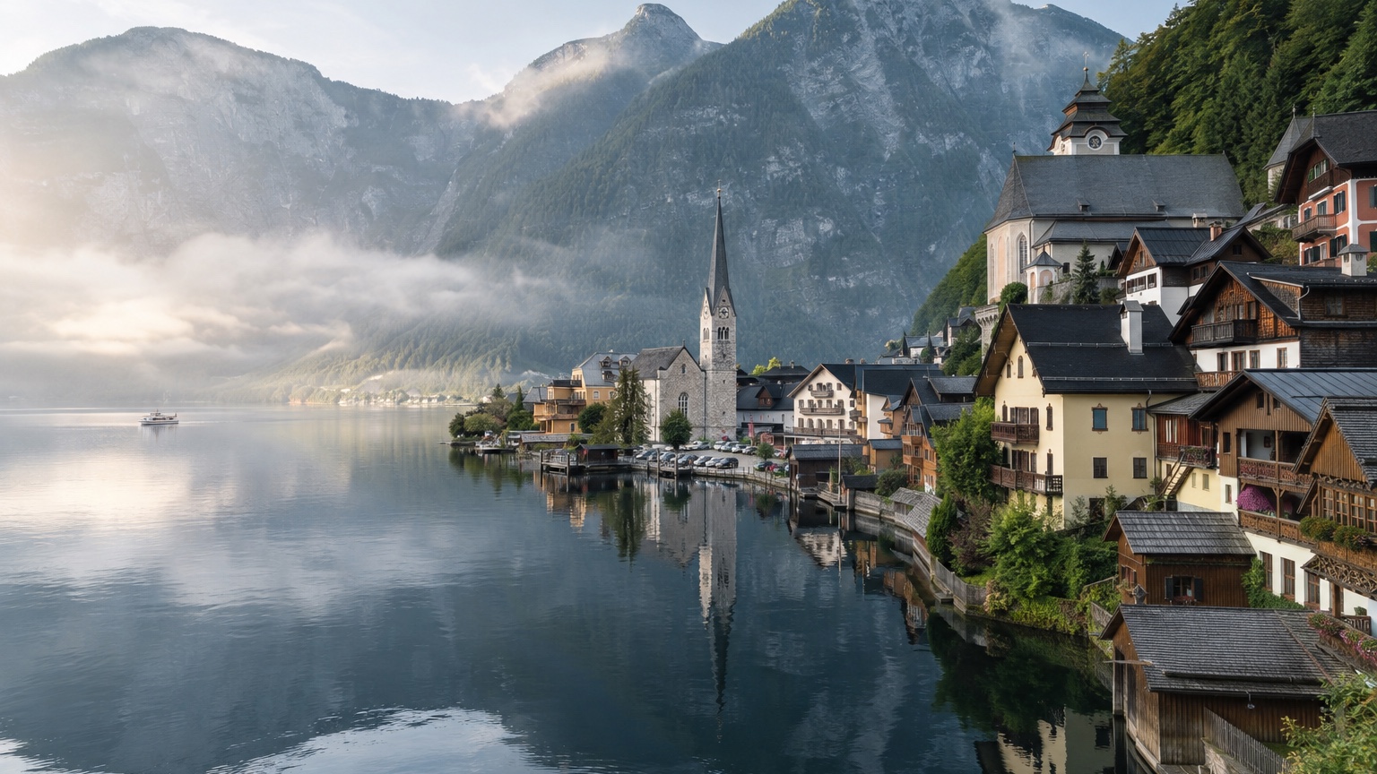 Hallstatt village and church reflected in a calm lake beneath the mountains