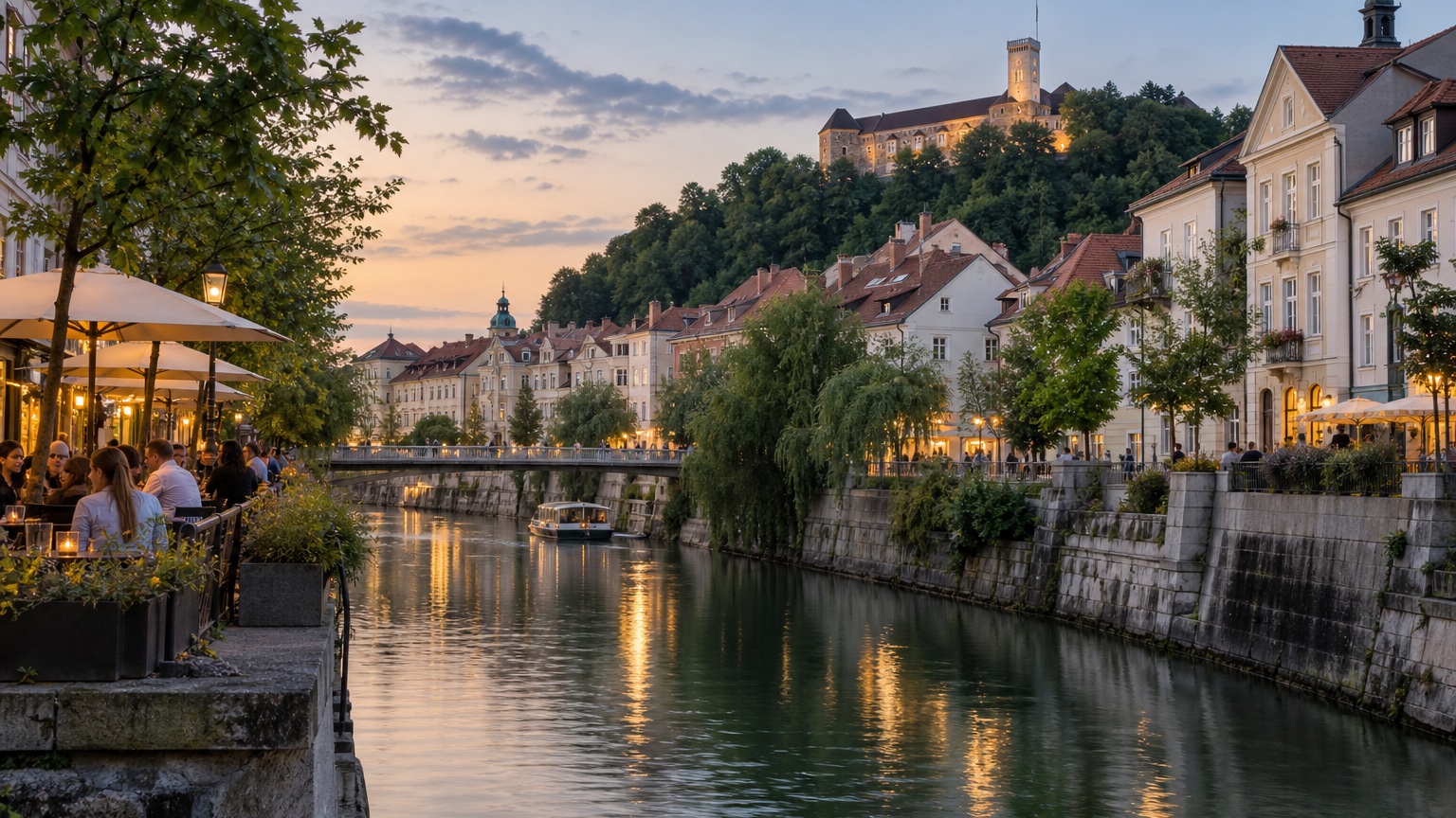 Ljubljana riverside cafes and castle in the evening light