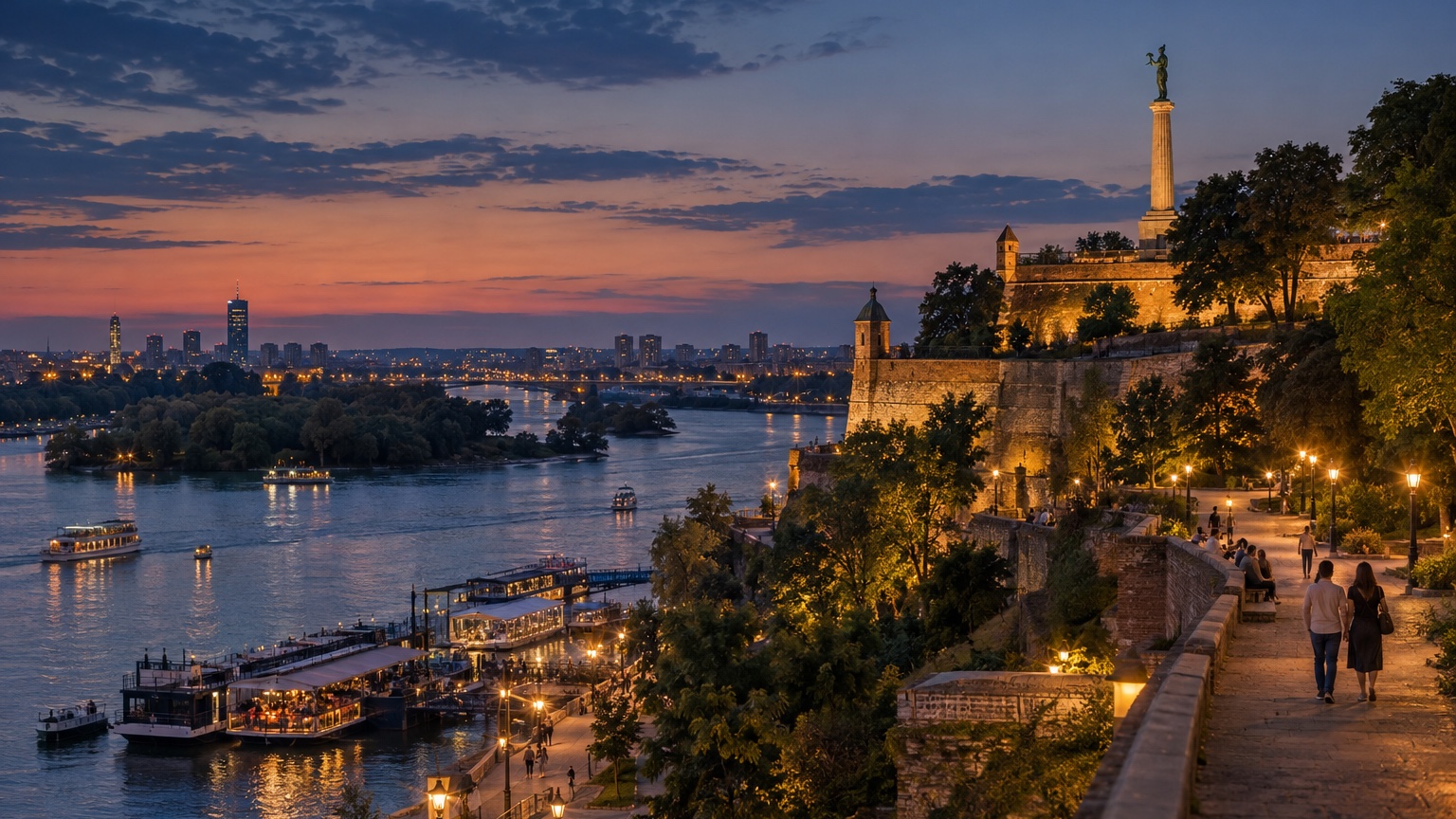 Belgrade Kalemegdan fortress and riverfront at dusk