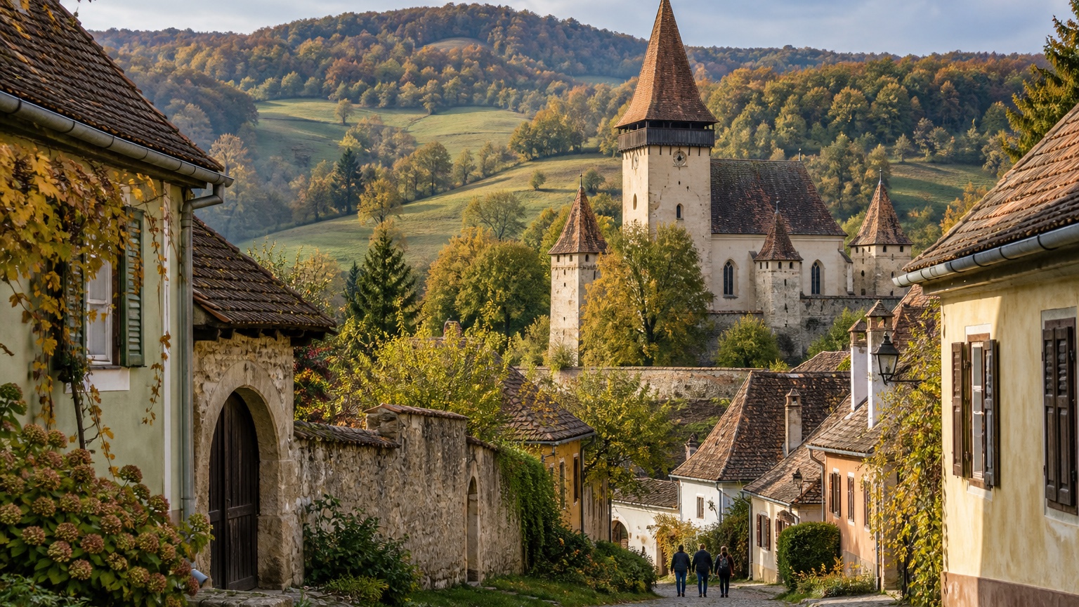 Transylvanian village lane and fortified church among autumn hills