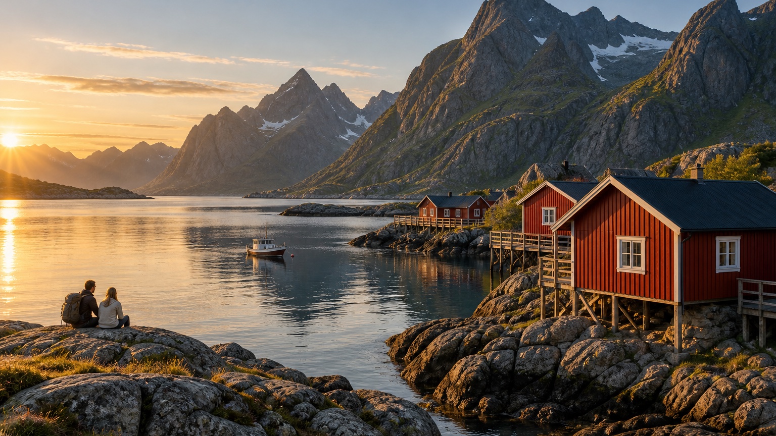 Red fishing cabins beside a Lofoten inlet beneath sharp green mountains