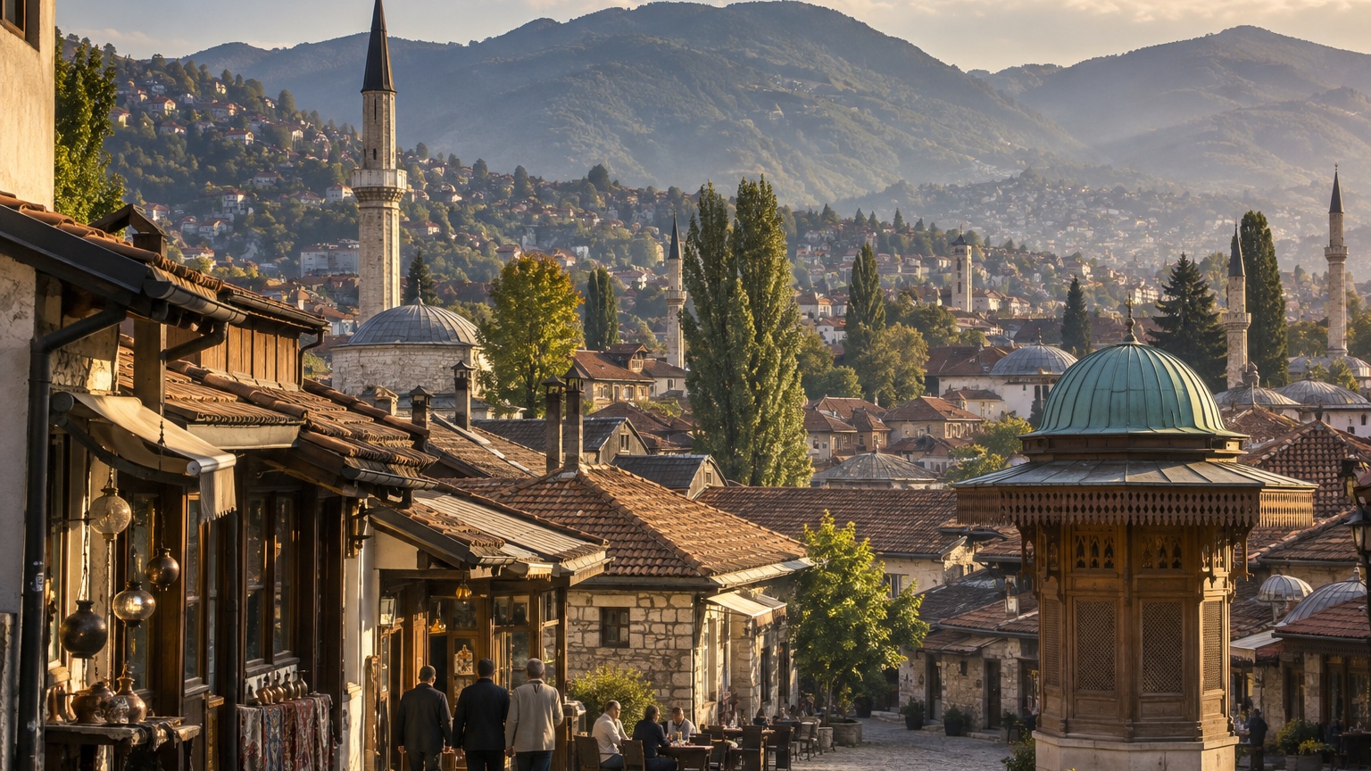 Sarajevo old quarter rooftops and minarets beneath wooded hills