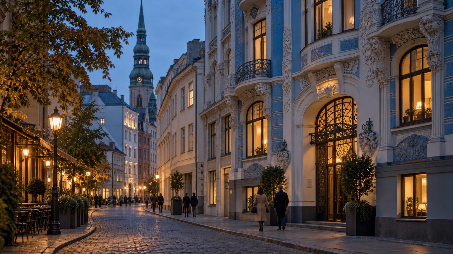 Riga Art Nouveau facades and a quiet old-town street beside the Daugava