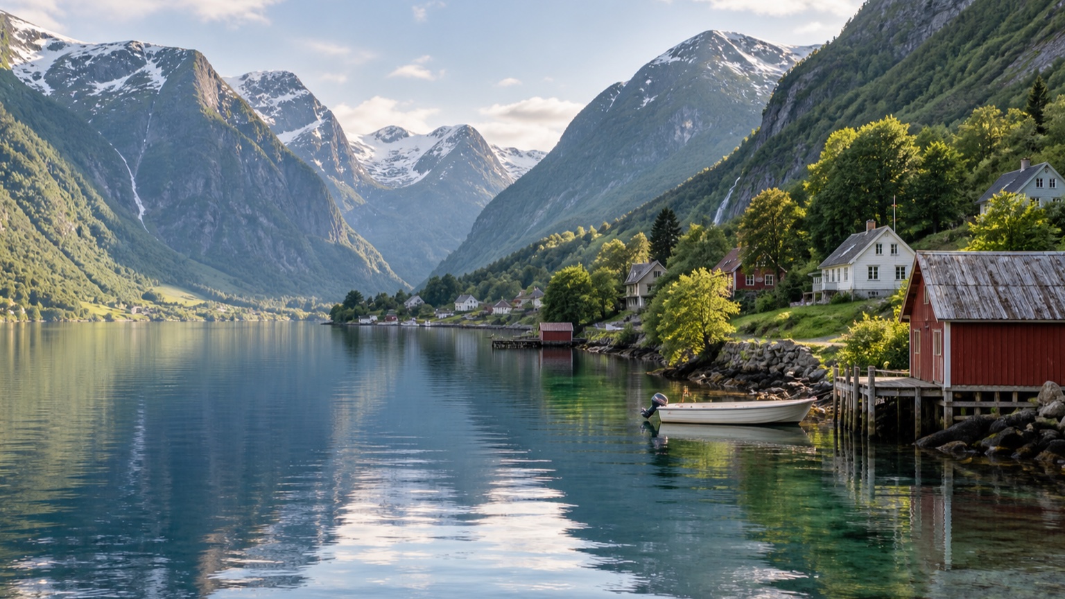 Quiet Norwegian fjord between steep green mountains with a small boat