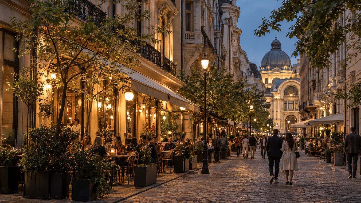 Bucharest historic street with cafes and mature trees at evening