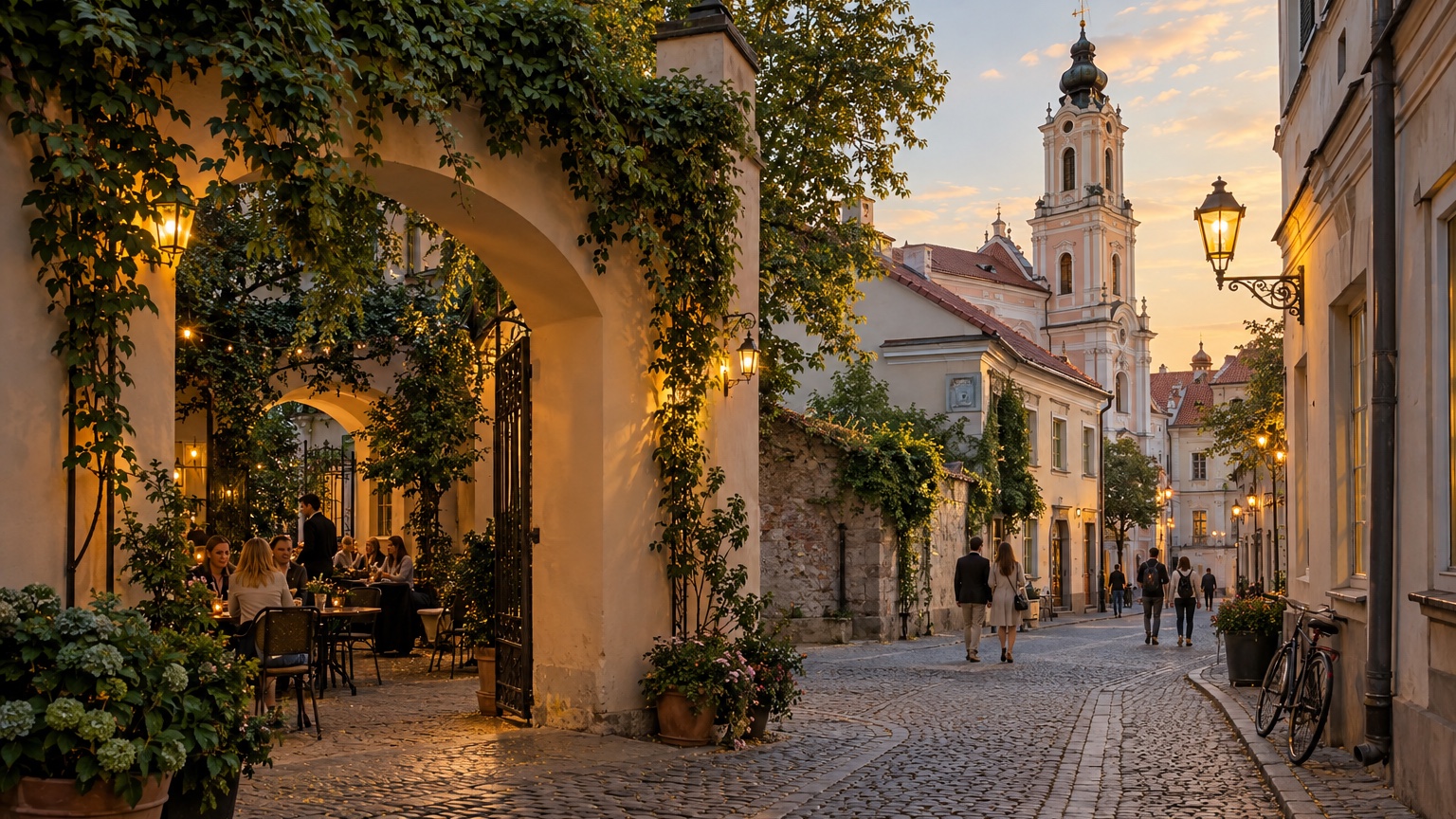 Vilnius Baroque old-town facades and church towers in evening light