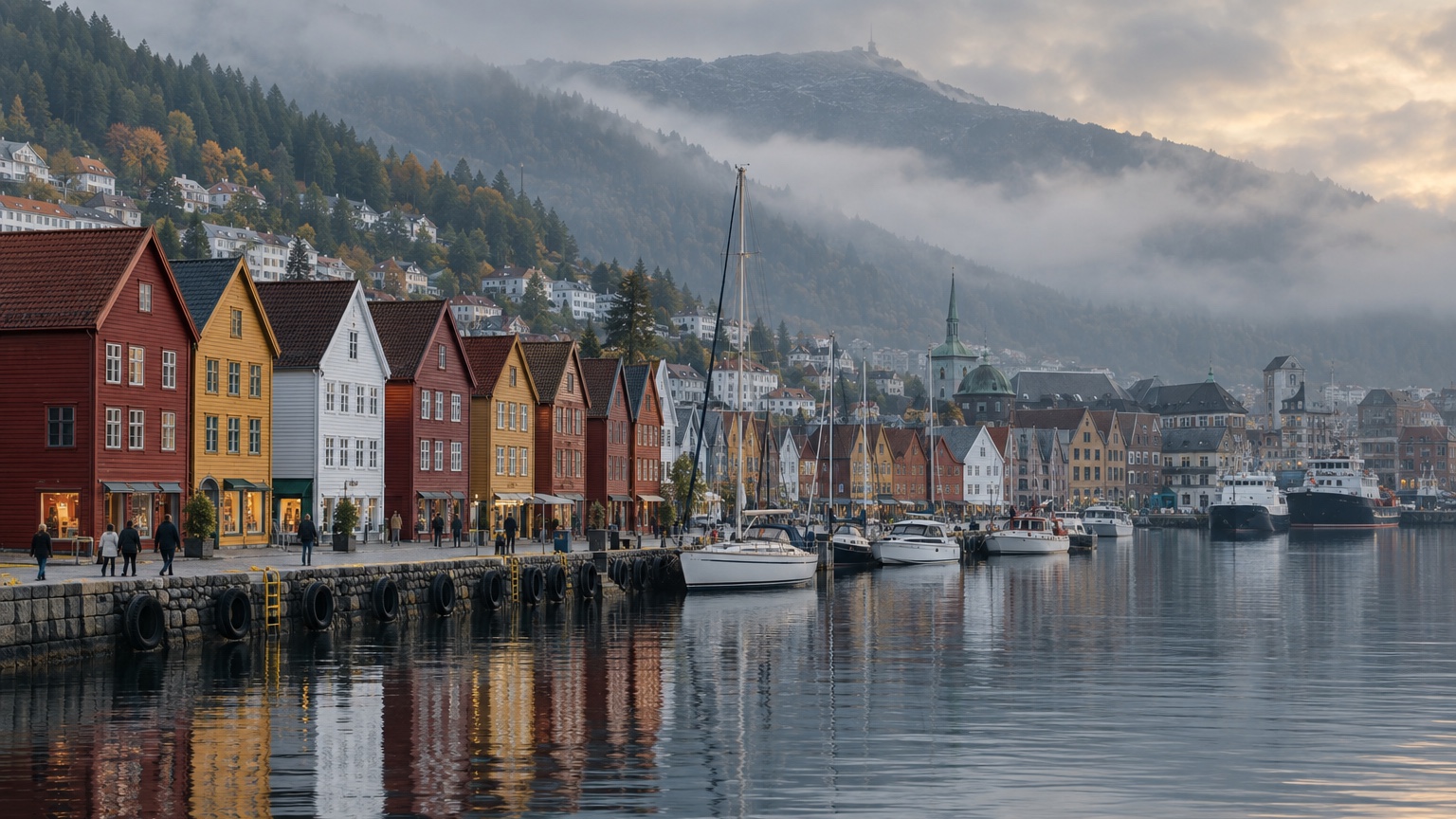 Bergen harbor and colorful Bryggen warehouses beneath wooded mountains