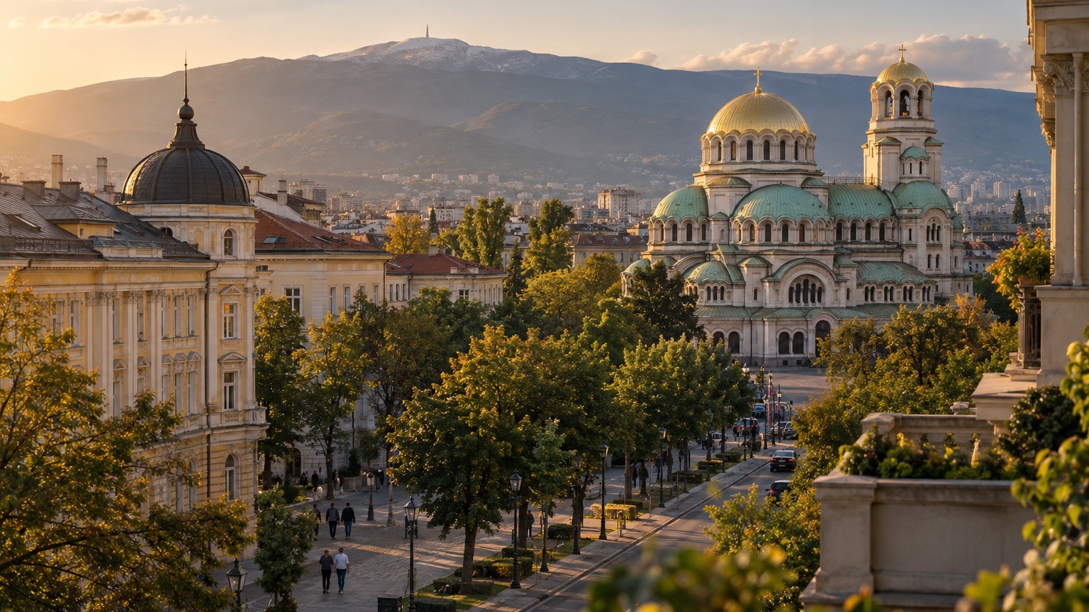 Sofia city streets and Alexander Nevsky Cathedral beneath Vitosha Mountain