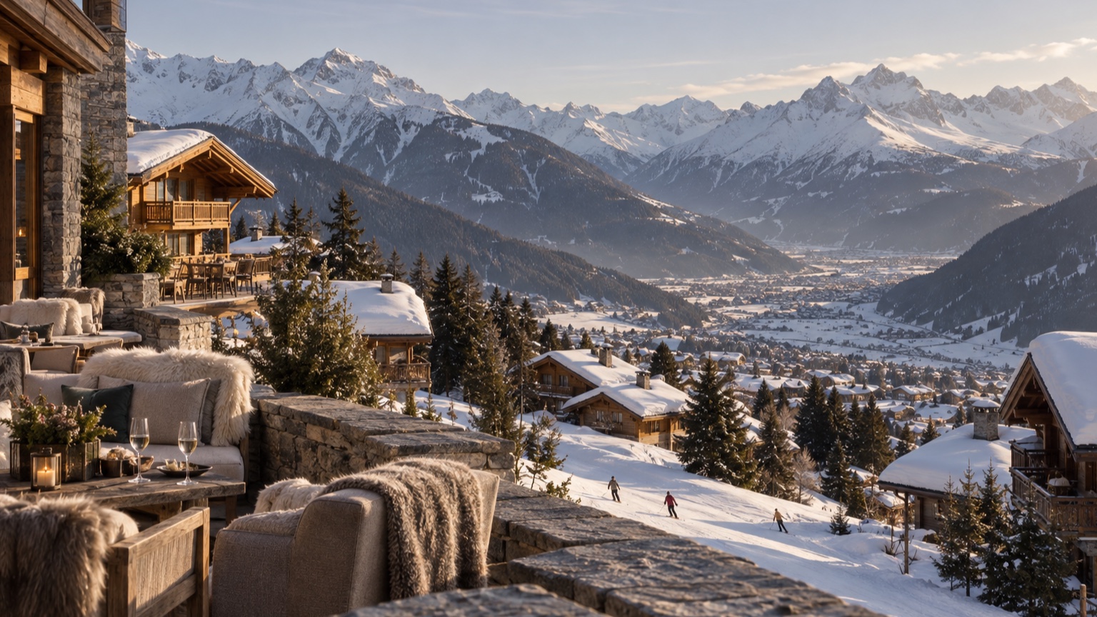 Verbier alpine terrace and chalets above a snowy mountain valley