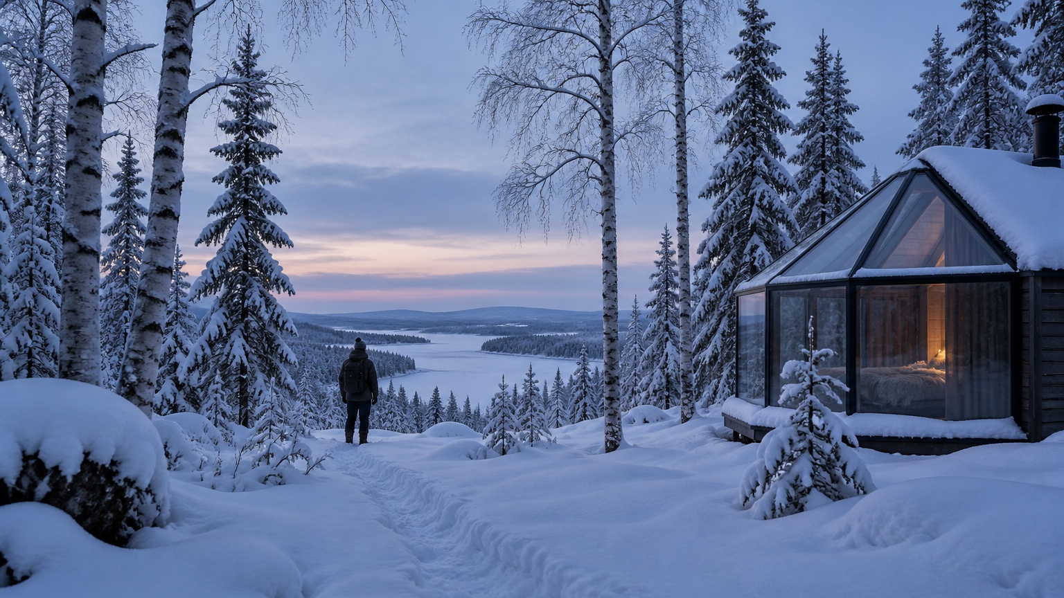 Snow-covered Finnish Lapland forest and a glass-roof cabin beside a quiet lake