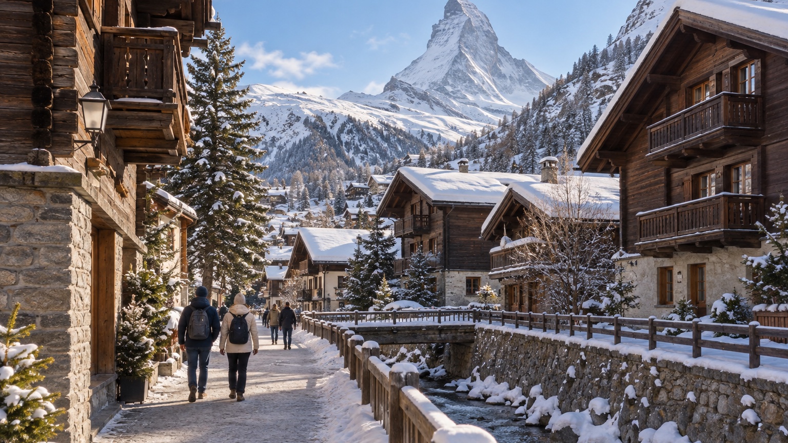 Zermatt timber chalets and the Matterhorn in clear winter light