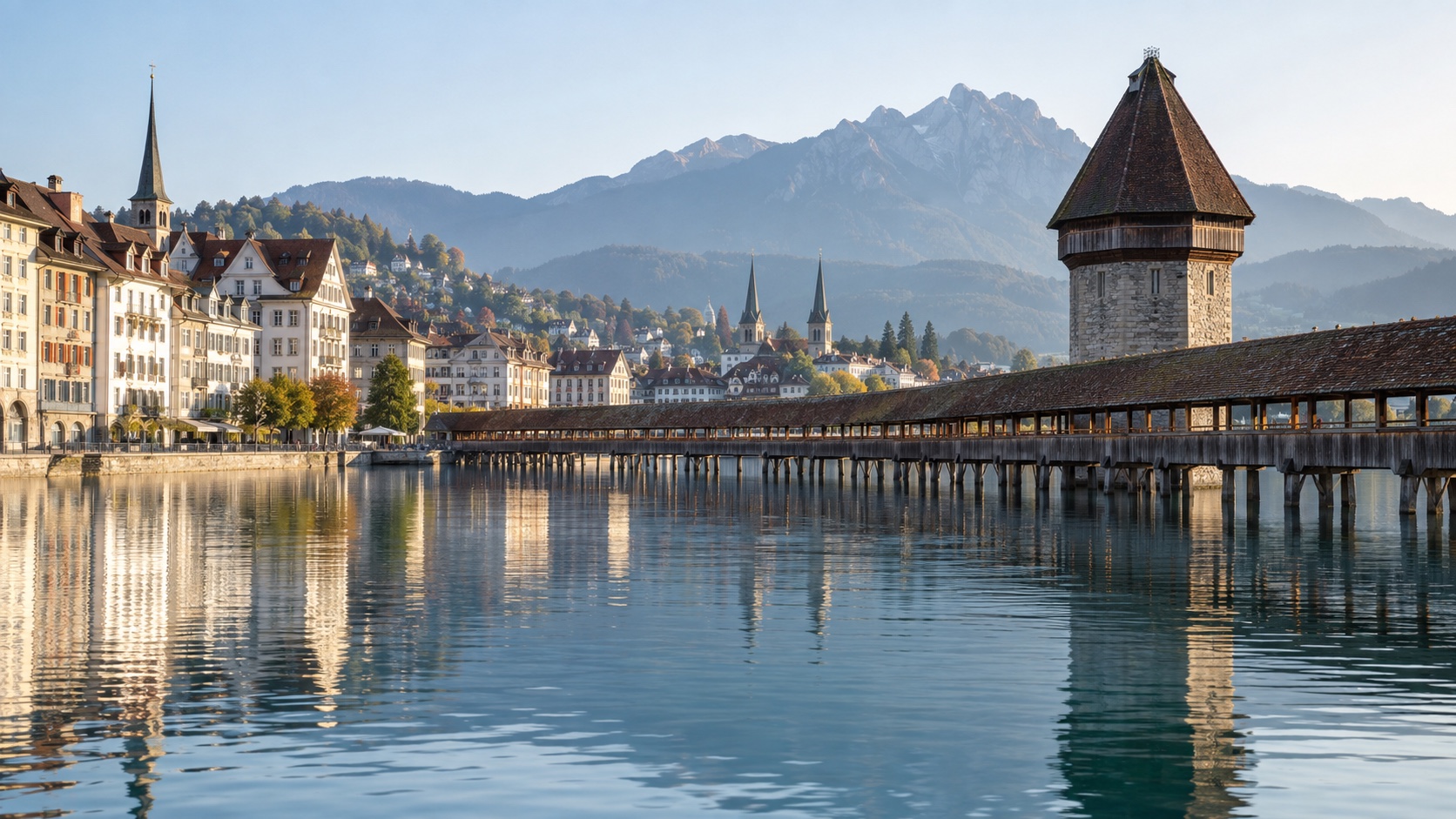 Lucerne waterfront with Chapel Bridge, old town, and mountains reflected in the lake
