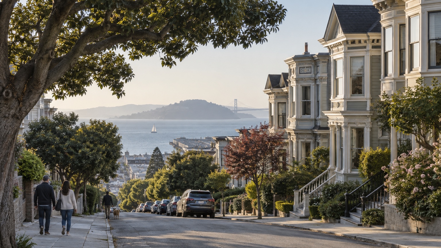 San Francisco Victorian houses on a quiet street overlooking the bay