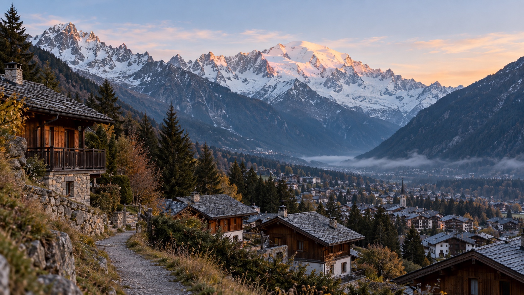 Chamonix valley and chalet roofs beneath the Mont Blanc massif at dawn