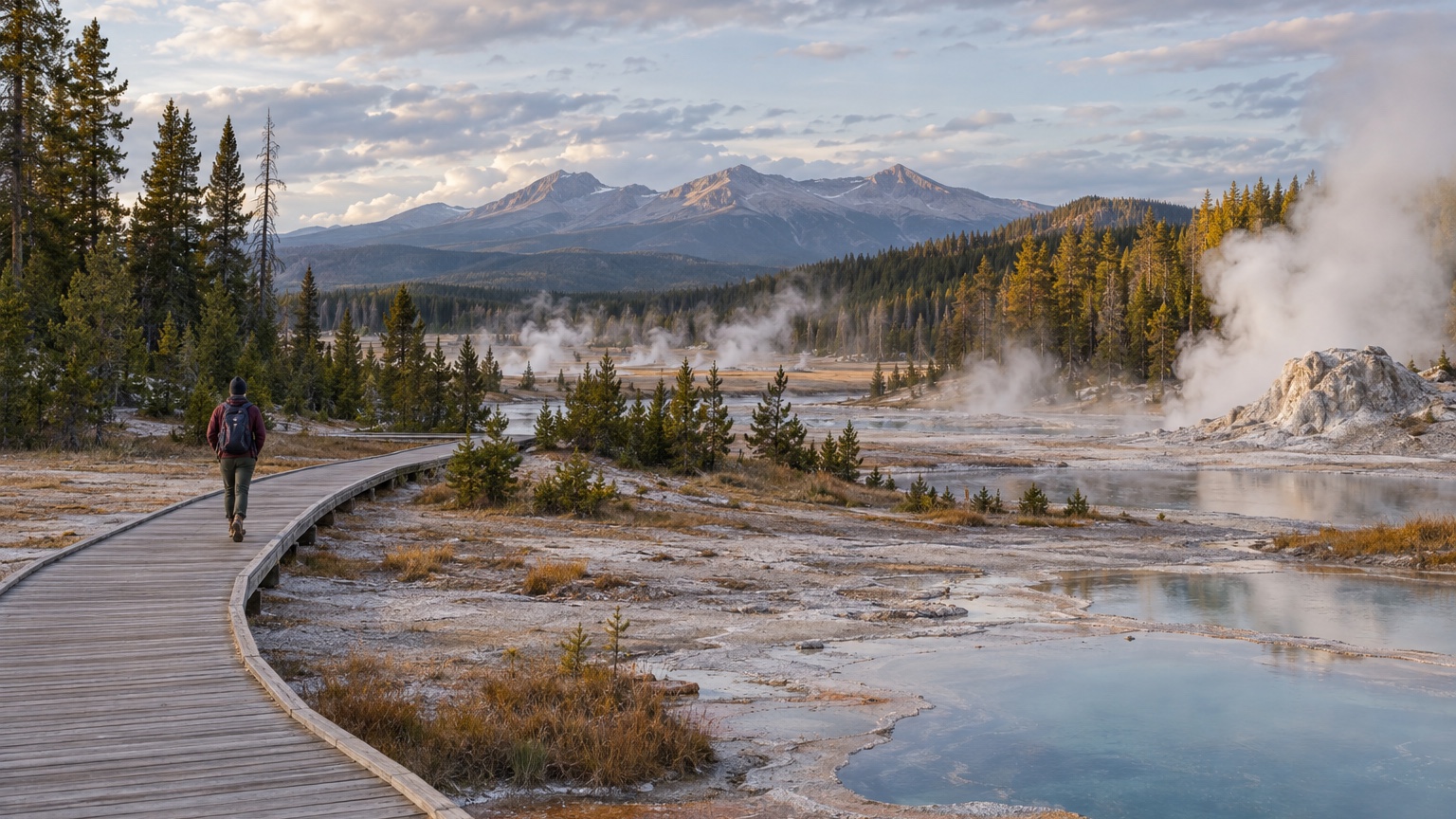 Yellowstone boardwalk through a steaming geothermal basin beneath autumn mountains