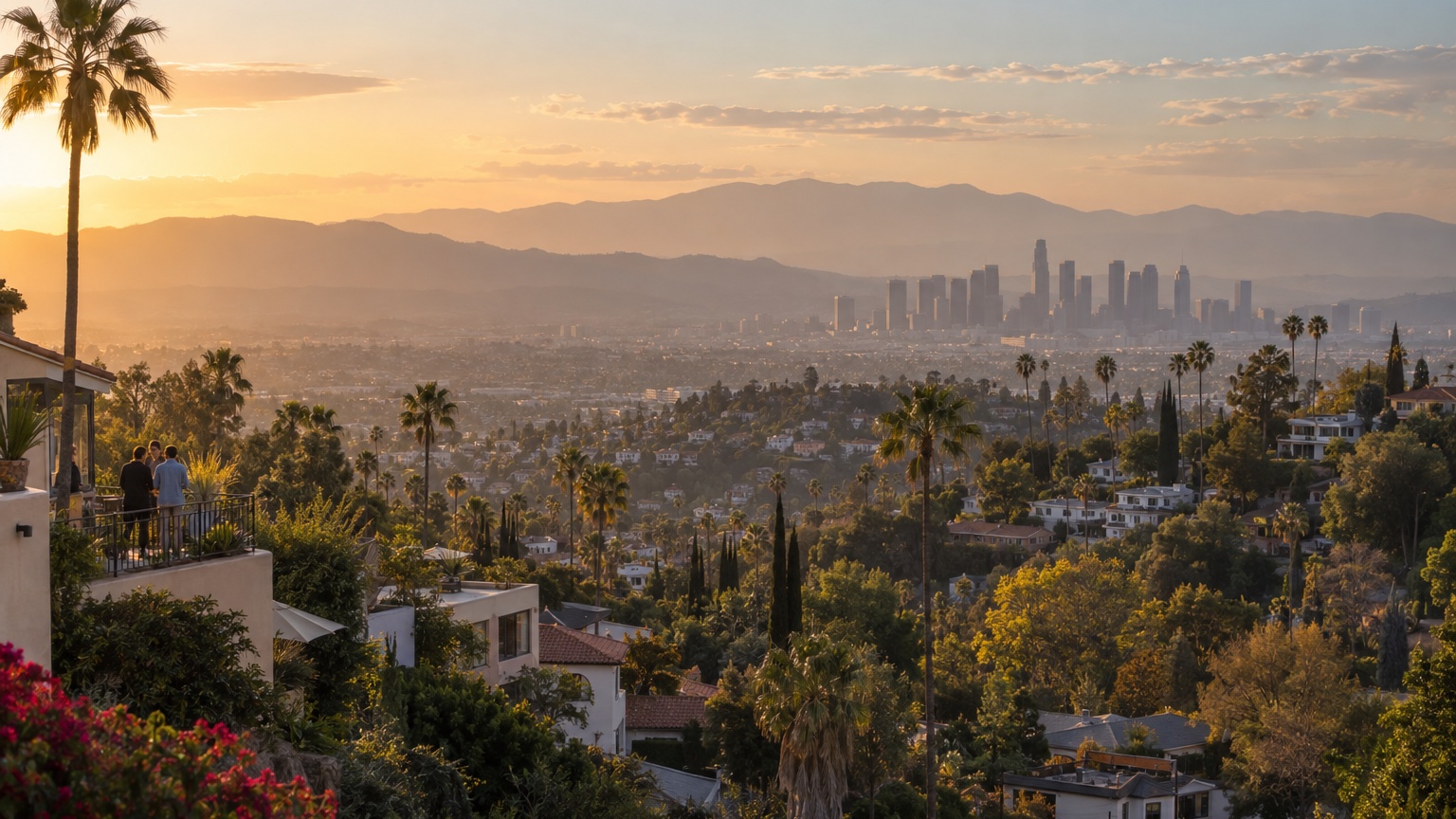Los Angeles neighborhoods and palms beneath warm evening light with the skyline beyond