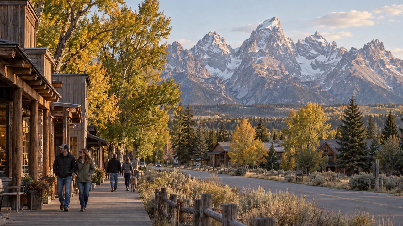 Jackson Hole town edge with autumn cottonwoods and the Teton Range beyond