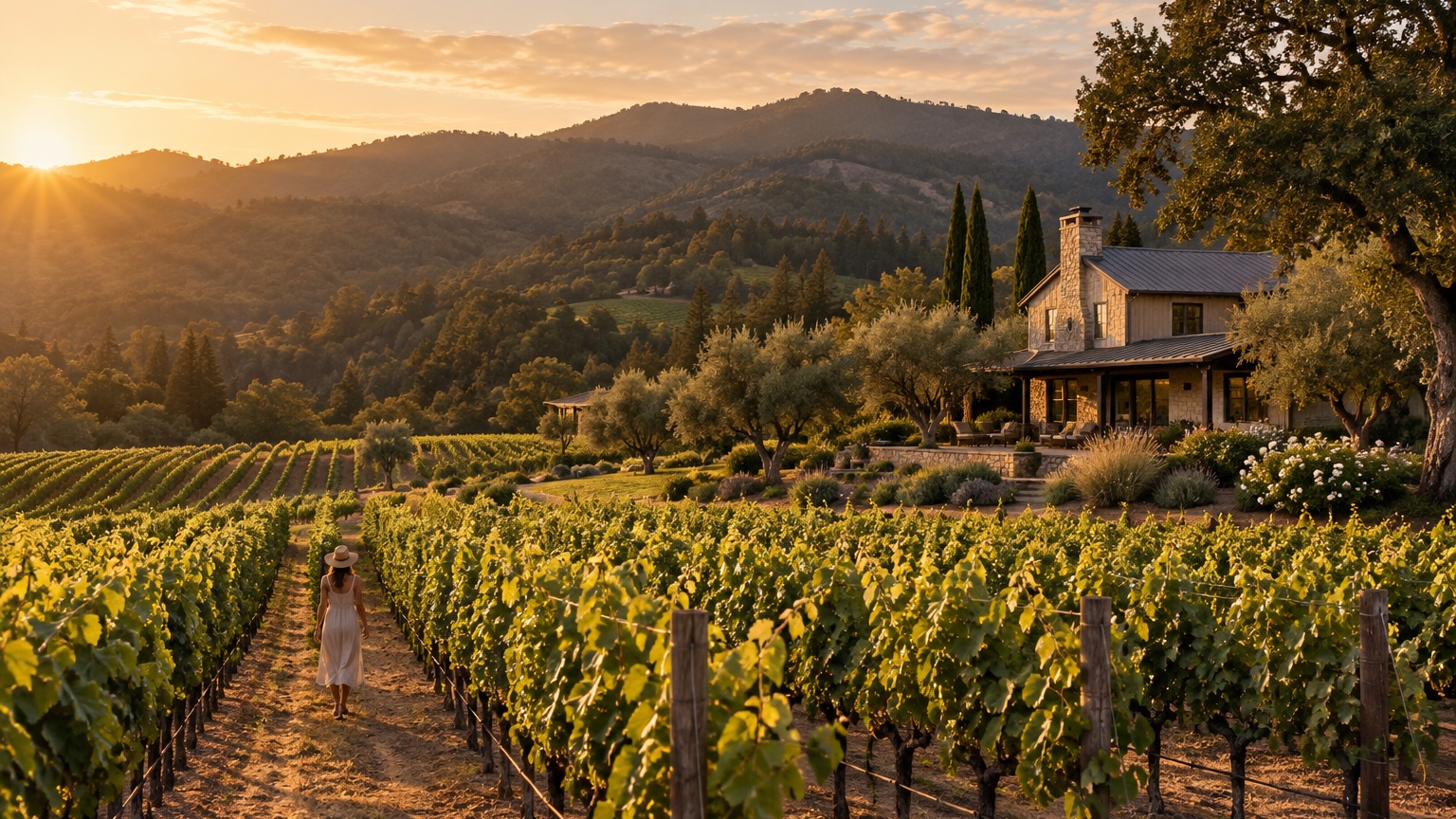 Sonoma County vineyard rows and farmhouse beneath warm evening light
