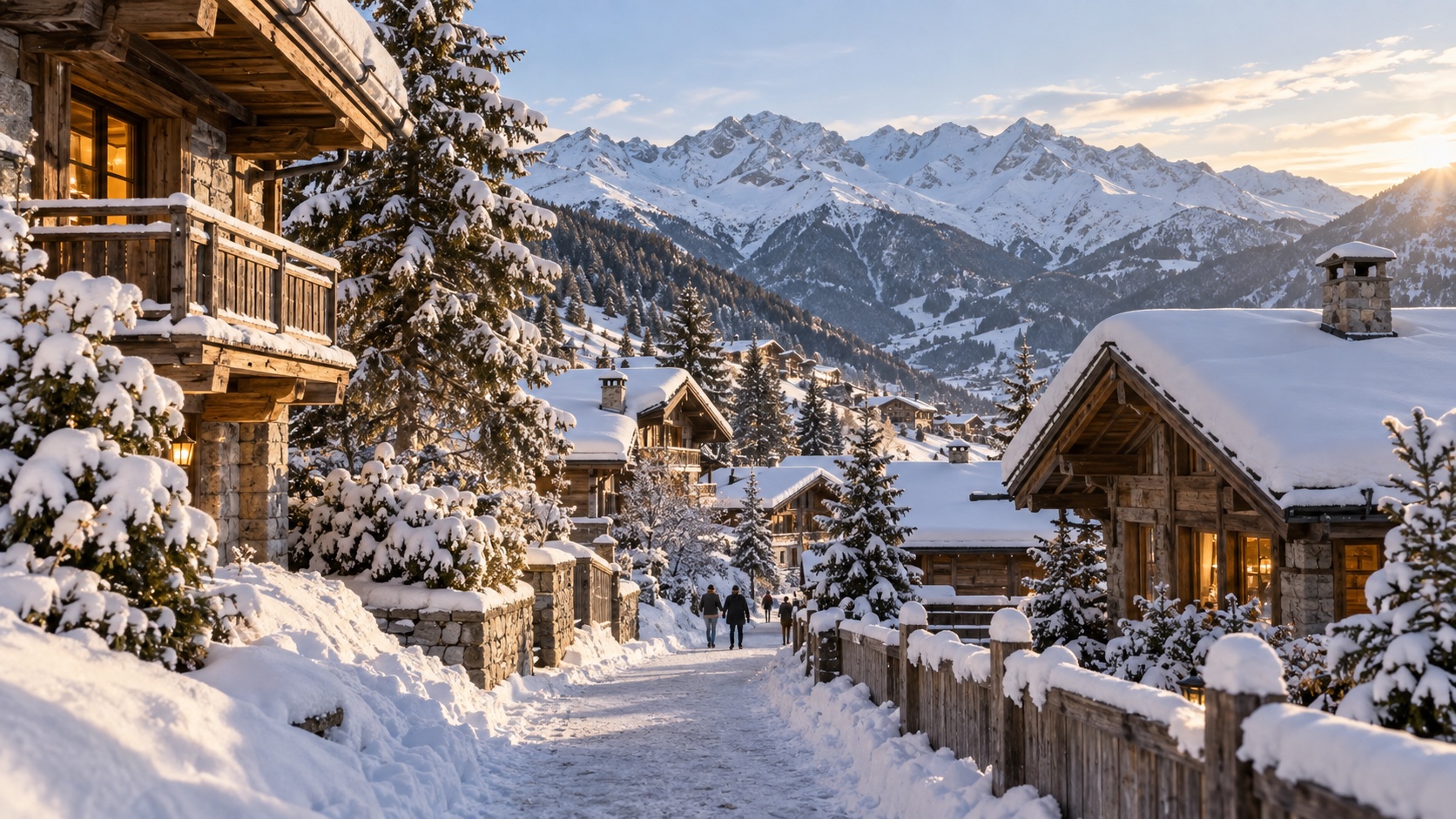 Snow-covered Courchevel village with timber chalets and the French Alps beyond