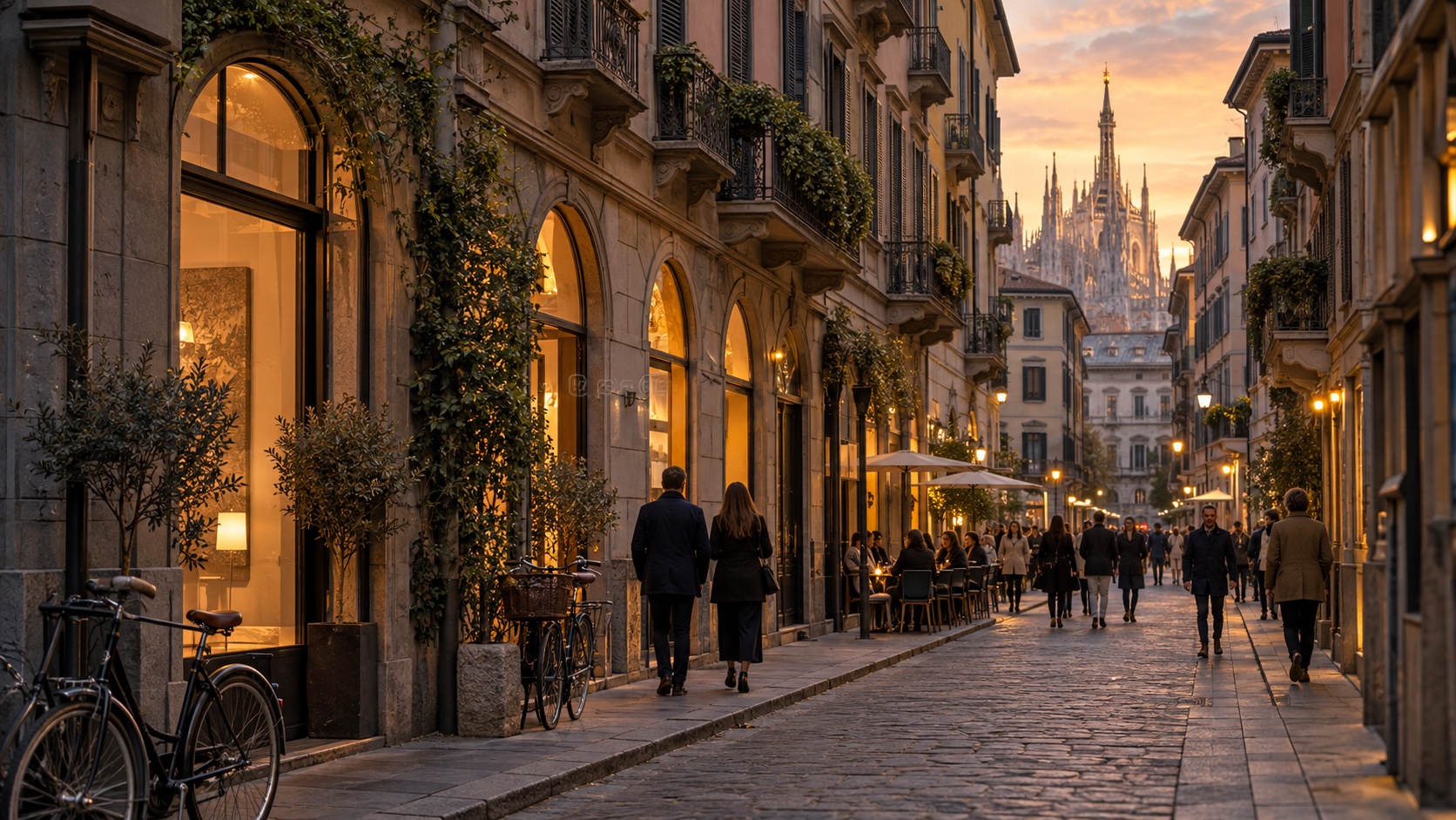 Milan Brera street at blue hour with warm shop windows and the Duomo beyond
