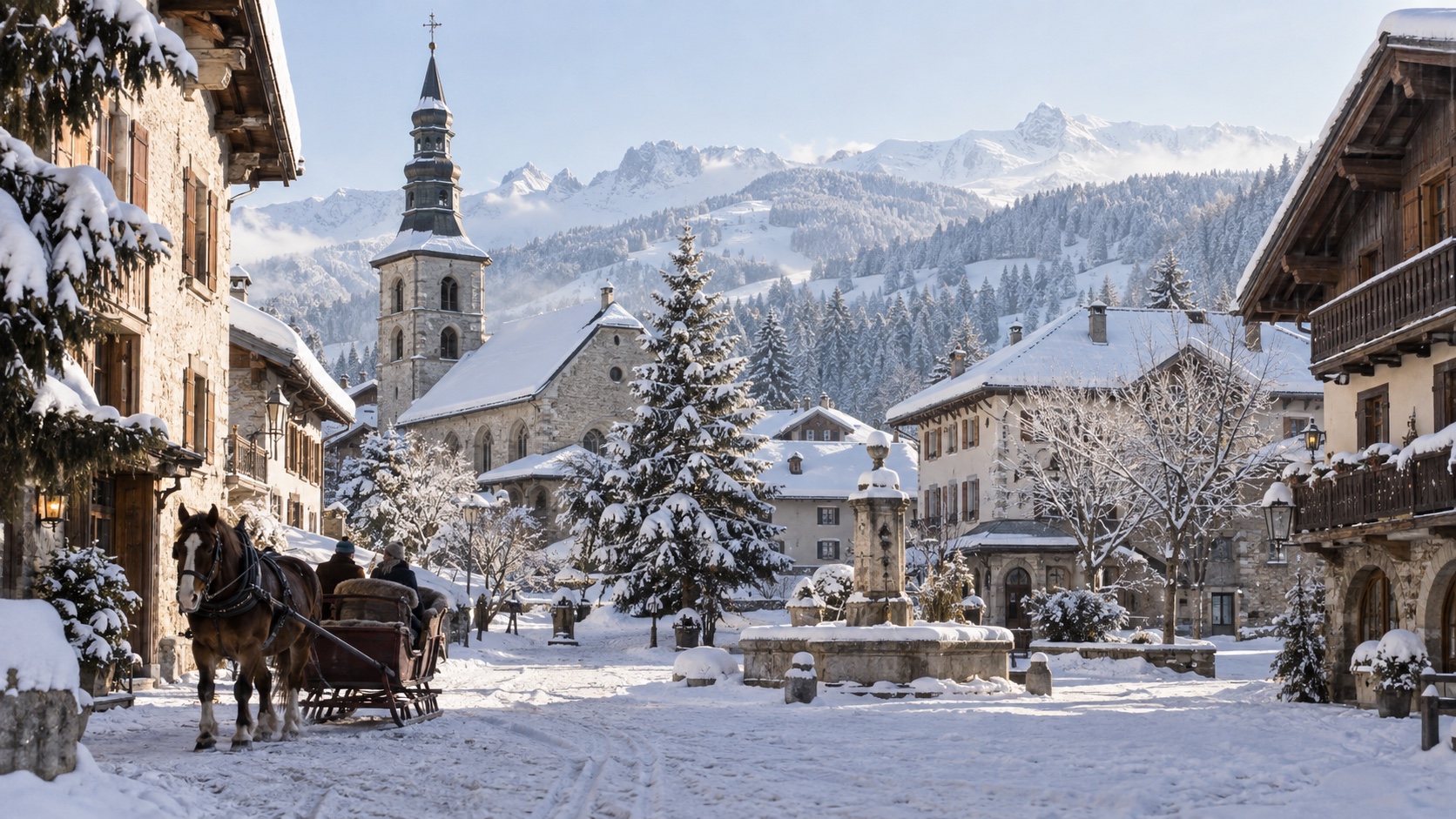 Snowy Megève village square with stone buildings, a church, and the Alps beyond