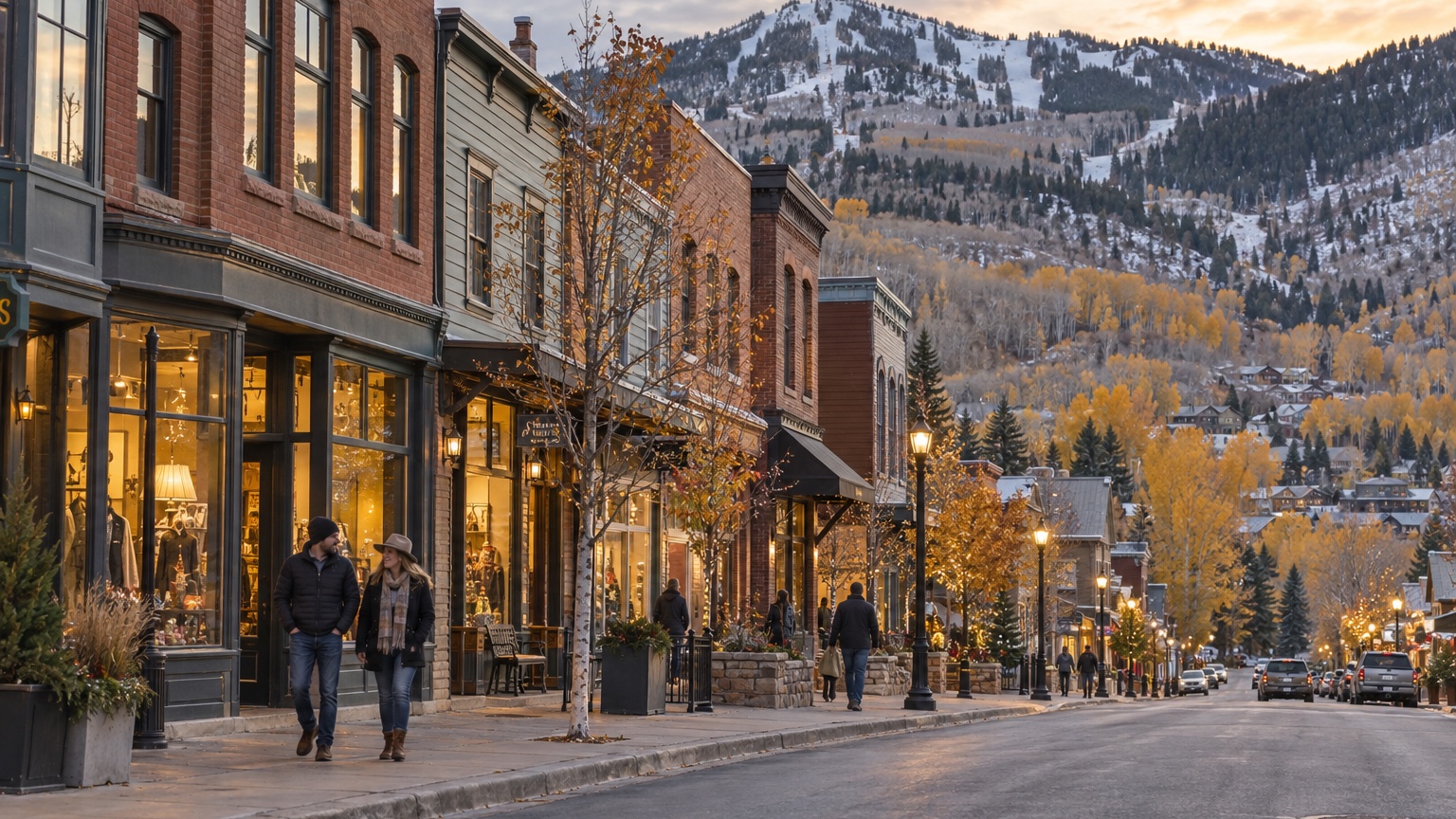 Park City historic Main Street beneath autumn mountains and ski slopes