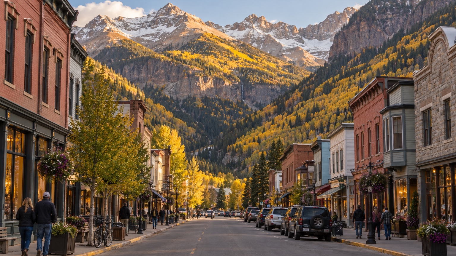 Telluride historic street beneath golden aspens and the San Juan Mountains