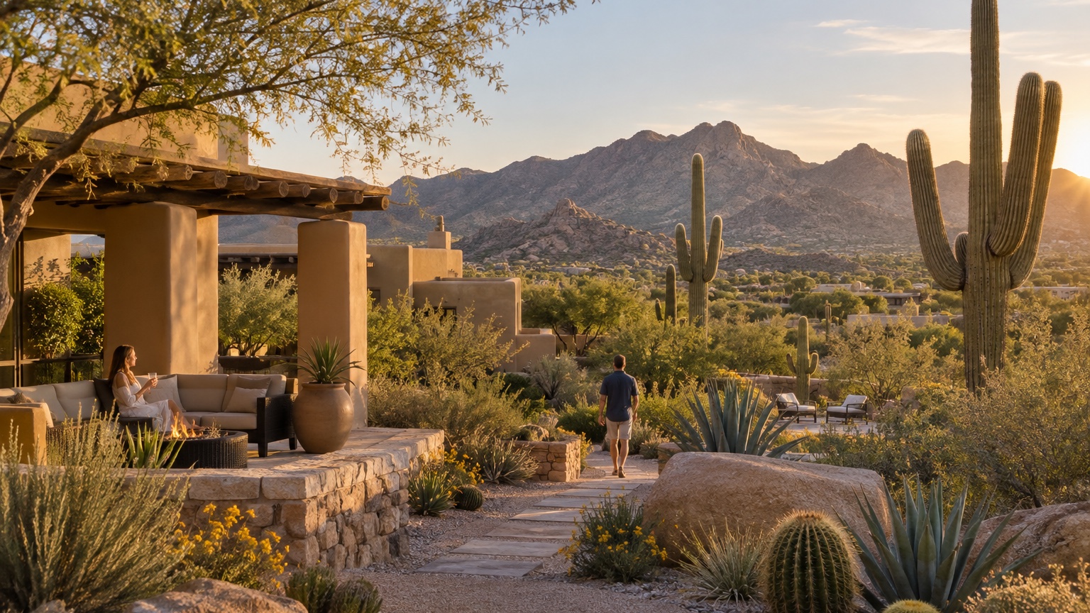 Scottsdale desert garden and adobe architecture beneath the McDowell Mountains