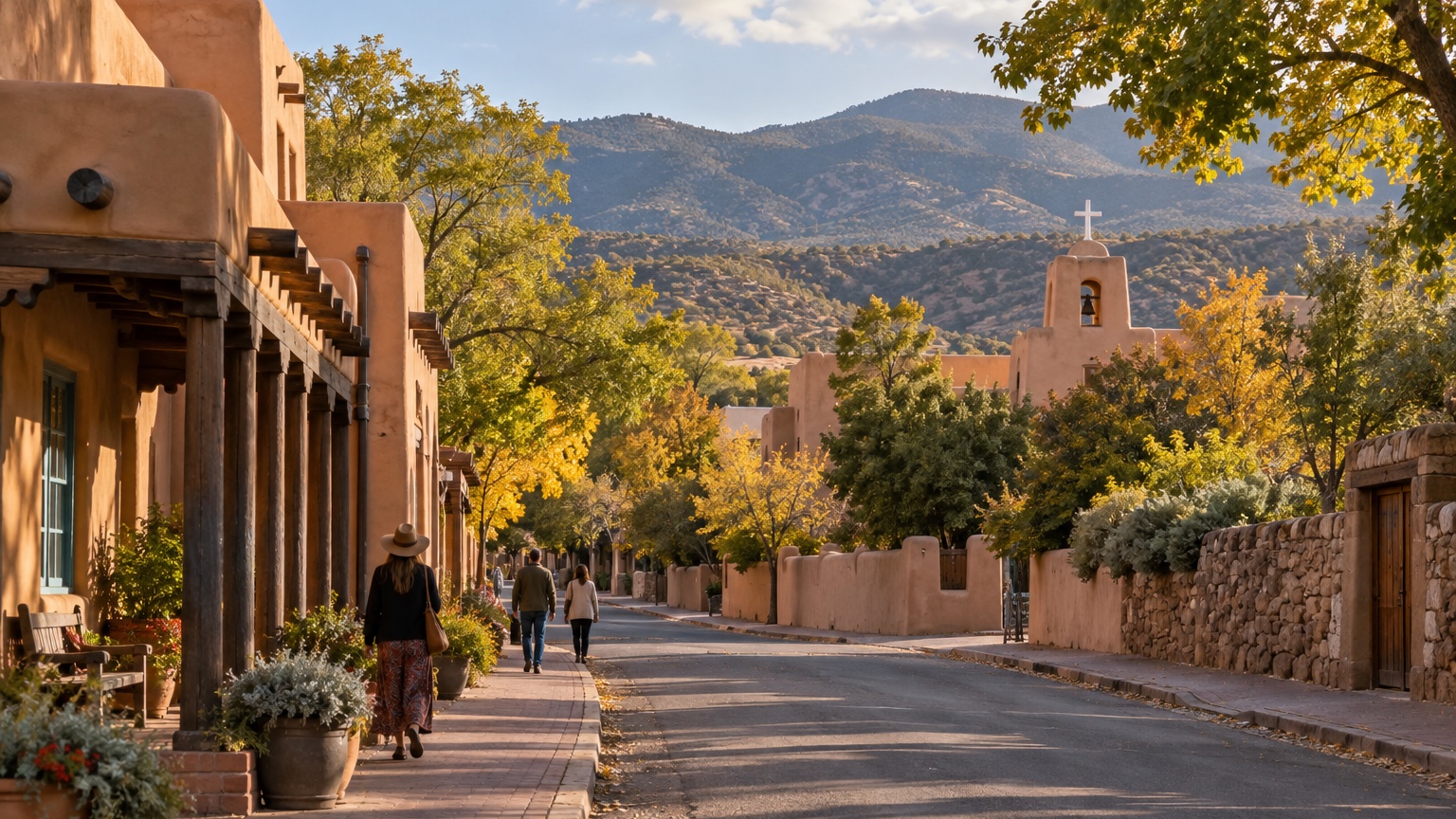Santa Fe adobe street and church beneath the Sangre de Cristo Mountains