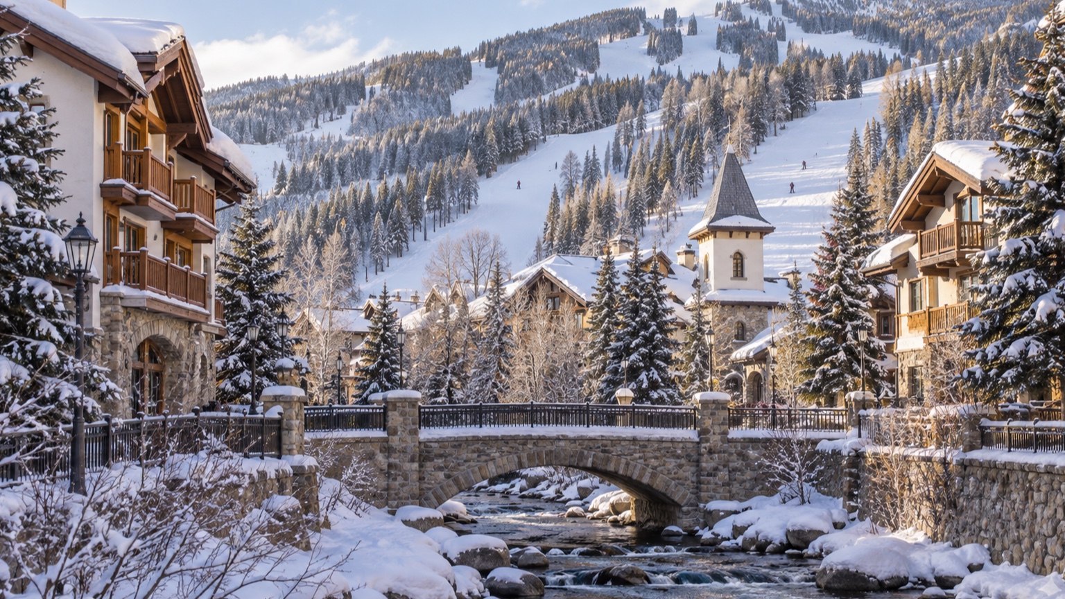 Vail alpine village and snowy slopes in clear winter light