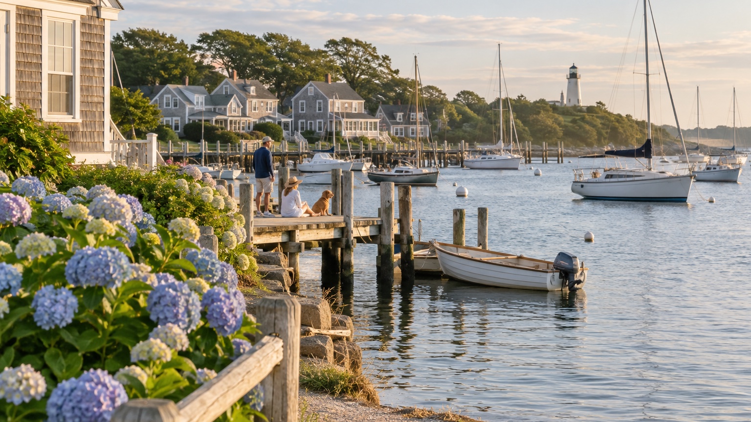 Martha’s Vineyard harbor with shingled houses, sailboats, and hydrangeas