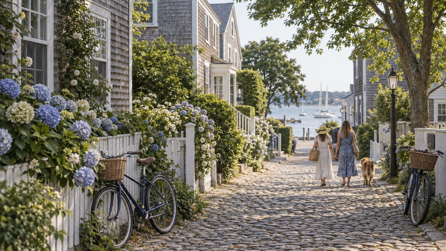 Nantucket shingled houses, hydrangeas, bicycles, and harbor light