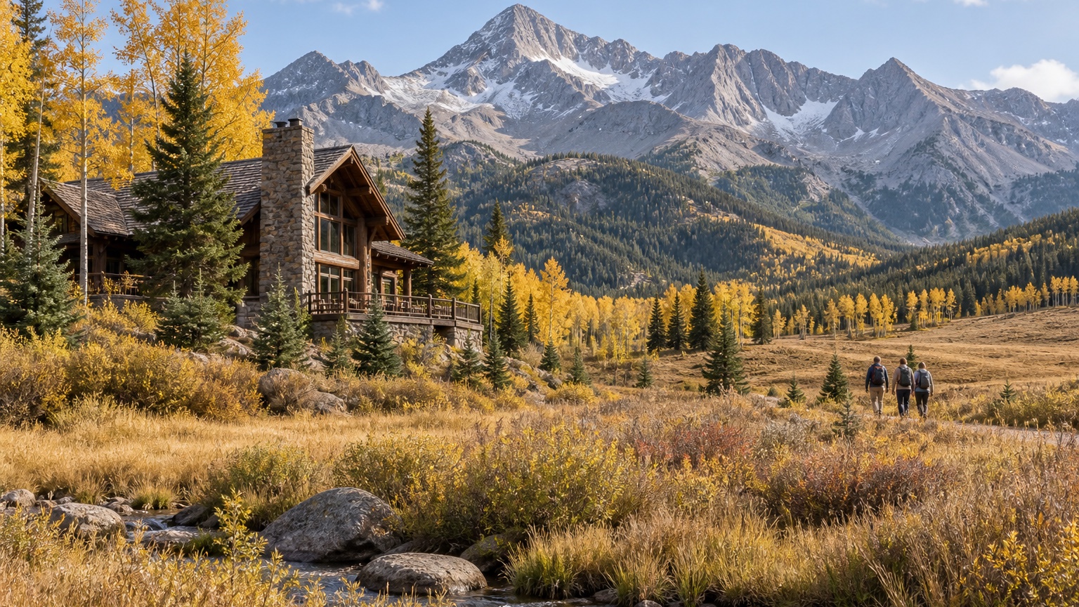 Big Sky mountain lodge and open meadow beneath rugged Montana peaks in autumn