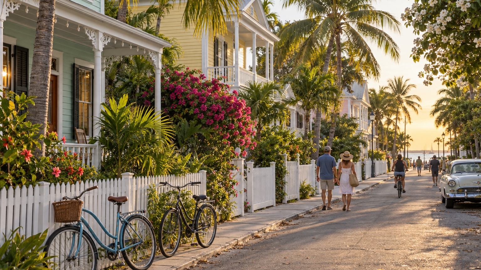 Key West historic pastel houses and palms on a quiet tropical street