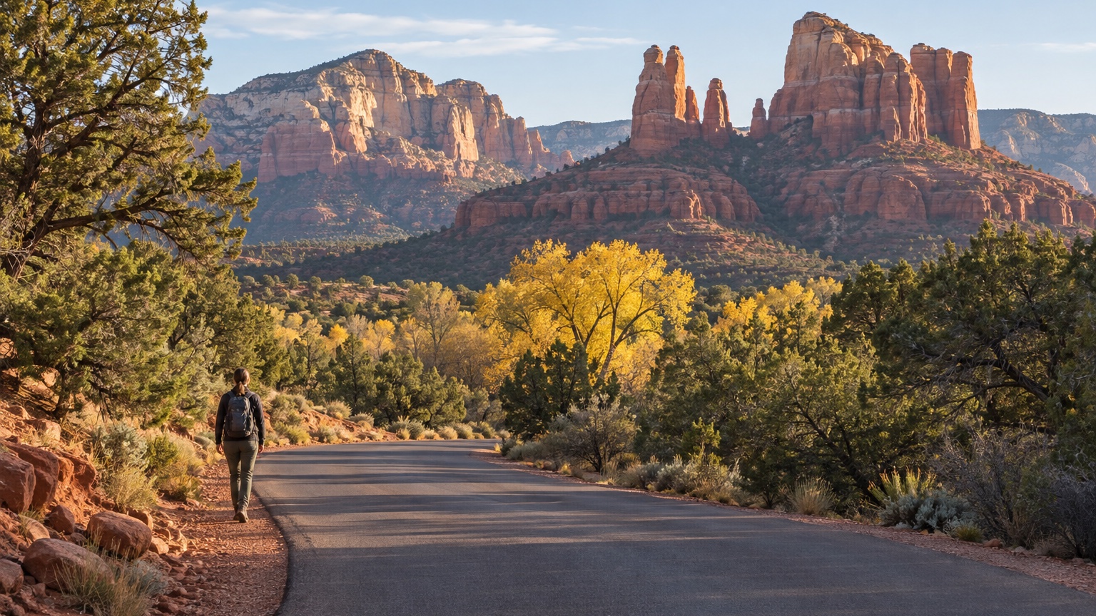 Sedona red-rock formations beyond a quiet road in clear high-desert light