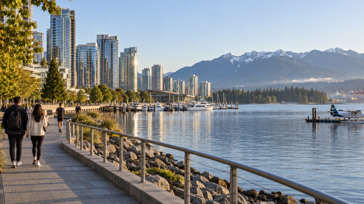 Vancouver waterfront promenade with city buildings, harbor, and mountains
