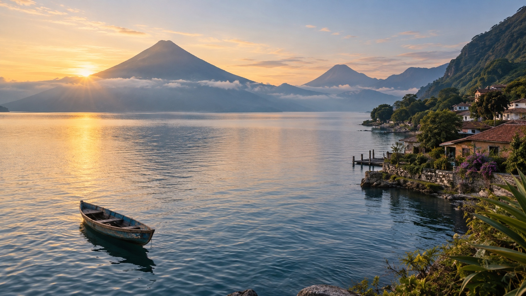 Lake Atitlán at dawn with volcanoes, a wooden boat, and a lakeside village