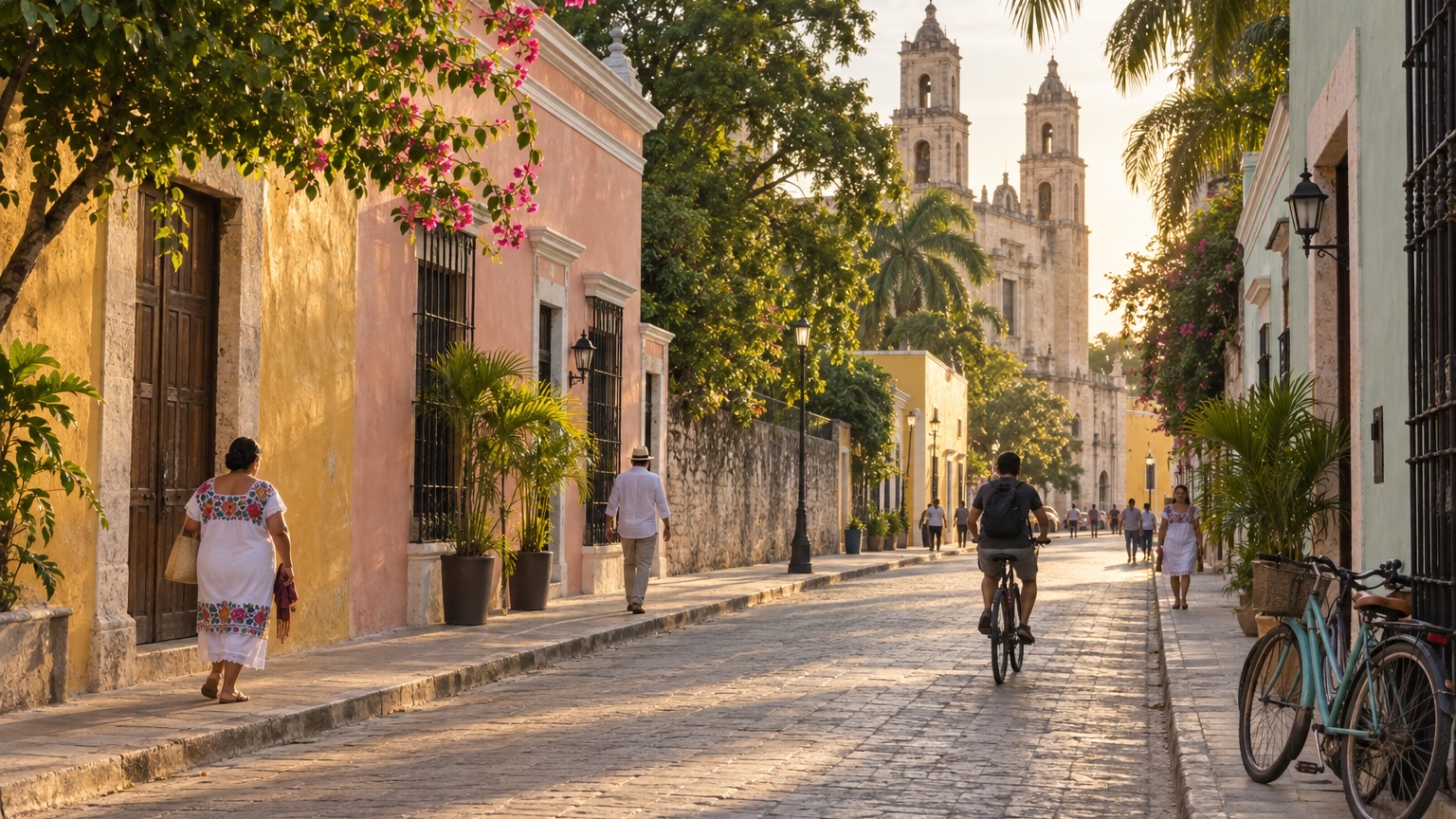 Mérida colonial street with pastel facades, tropical trees, and evening light