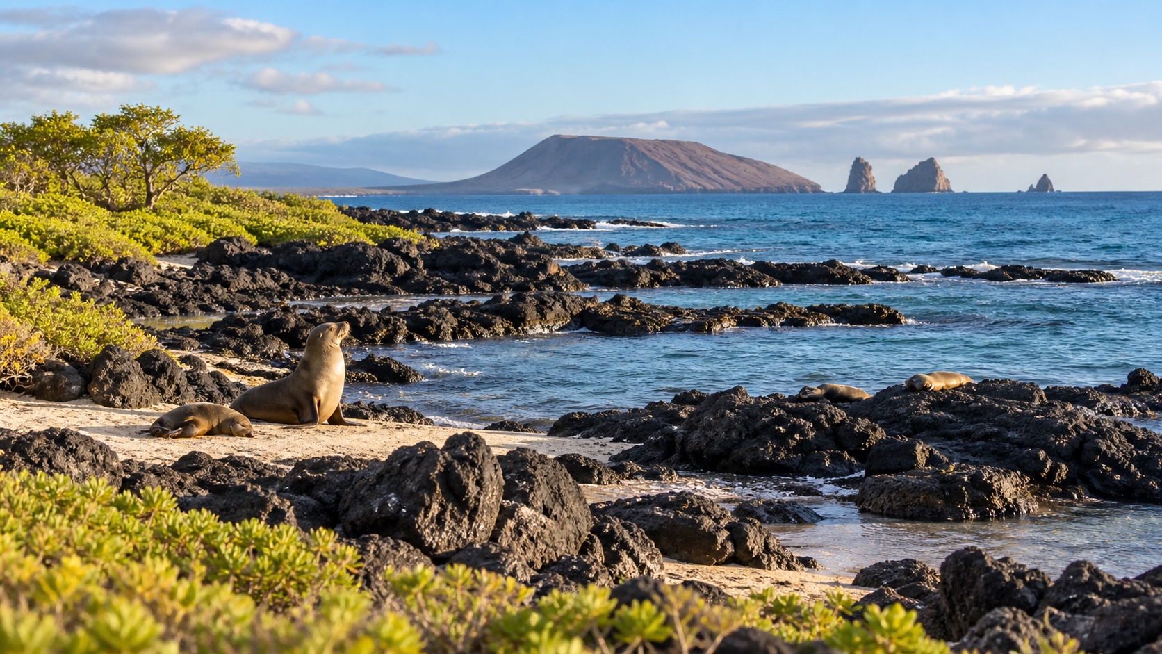 Sea lions resting beside a volcanic shoreline in the Galápagos Islands