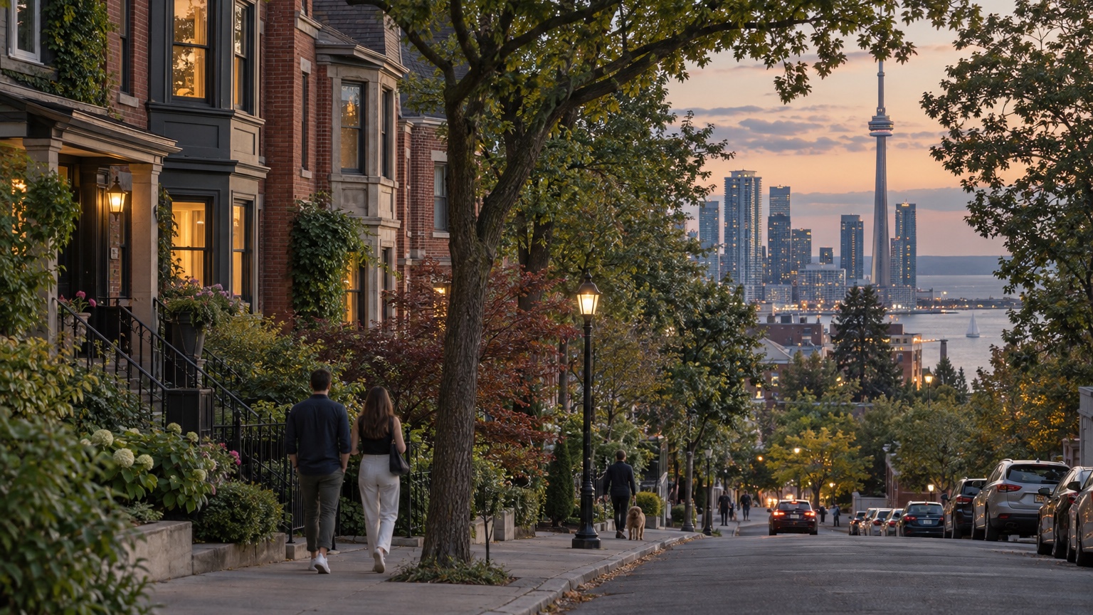 Toronto leafy neighborhood street with brick homes, skyline, and lake beyond