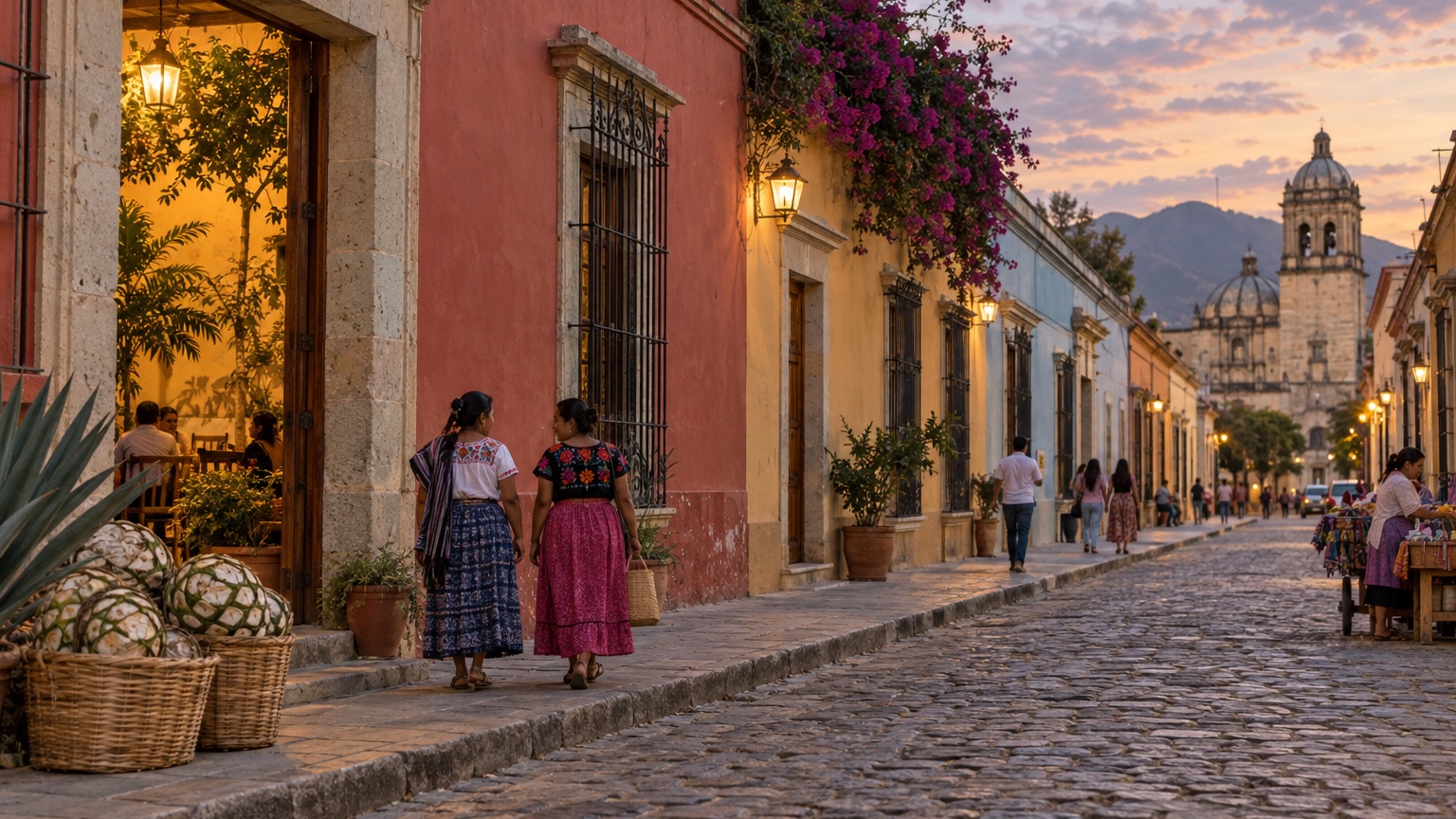 Oaxaca colonial street with colorful facades, local pedestrians, and evening light