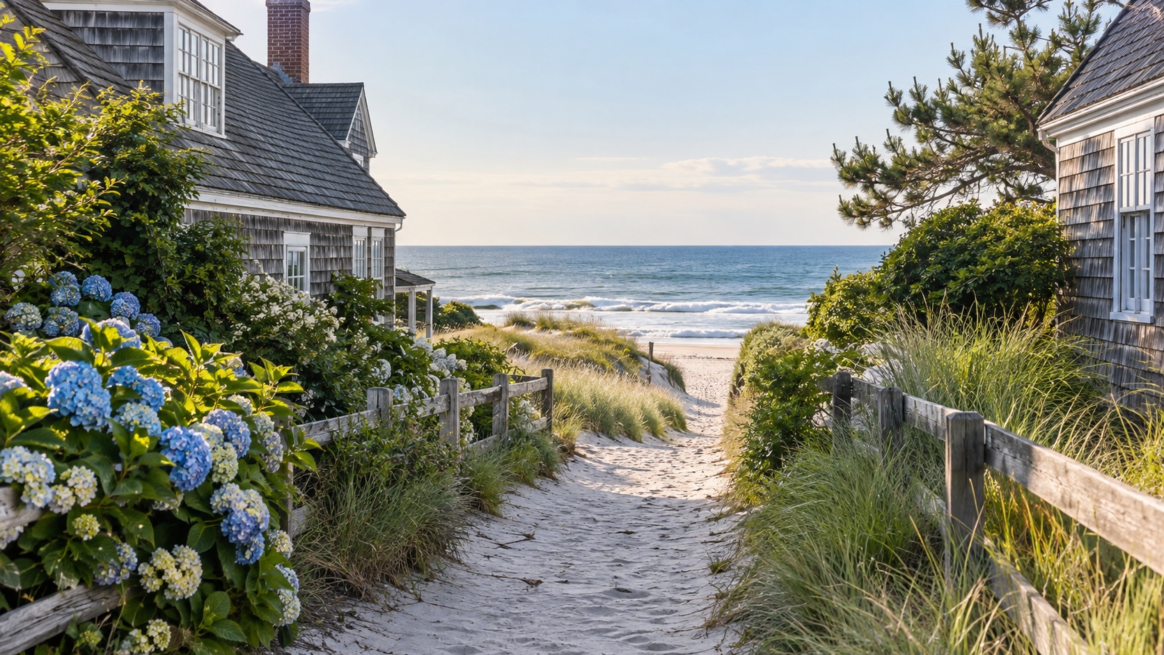 Weathered shingle houses and a sandy path leading to an Atlantic beach in the Hamptons