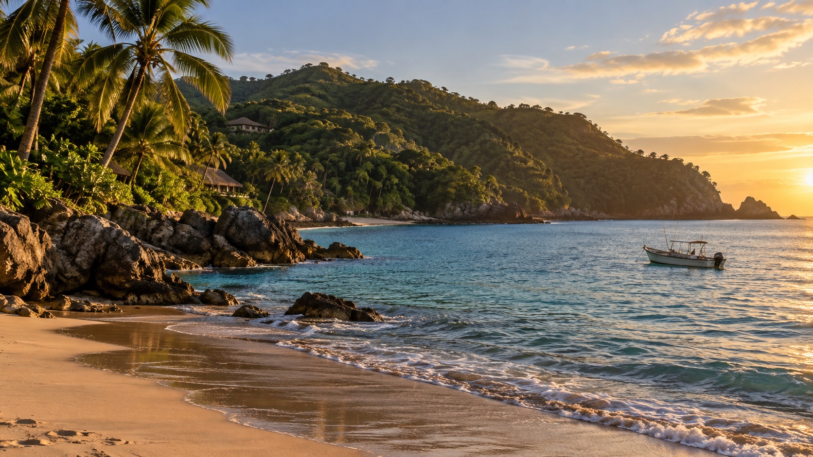 Quiet Pacific bay with jungle hills and a small fishing boat in Riviera Nayarit
