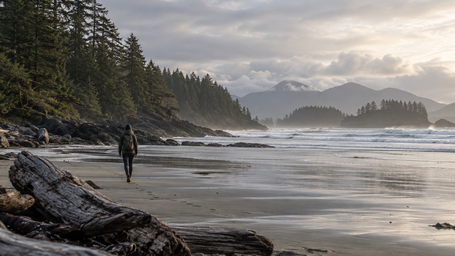 Tofino beach with driftwood, coastal forest, and soft Pacific waves