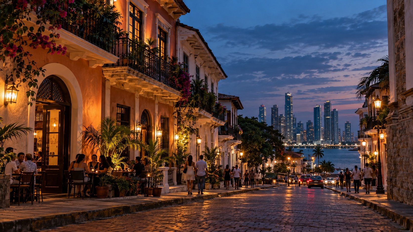 Casco Viejo street at blue hour with Panama City's modern skyline beyond