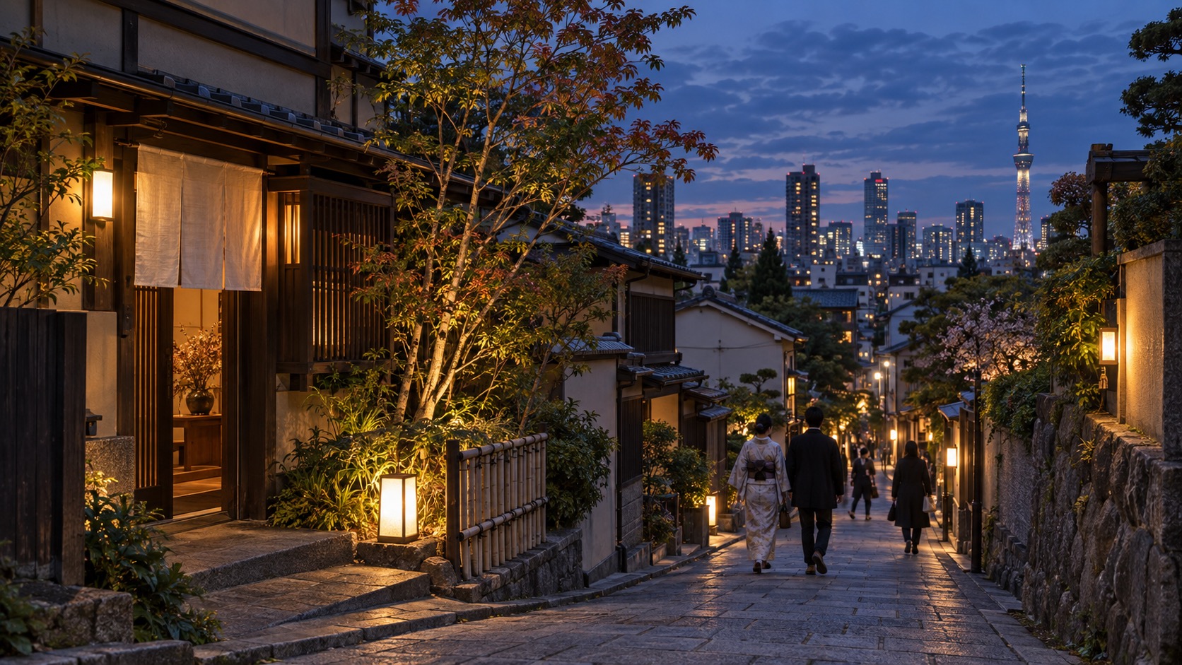 Tokyo streets and layered neighbourhoods glowing in warm evening light