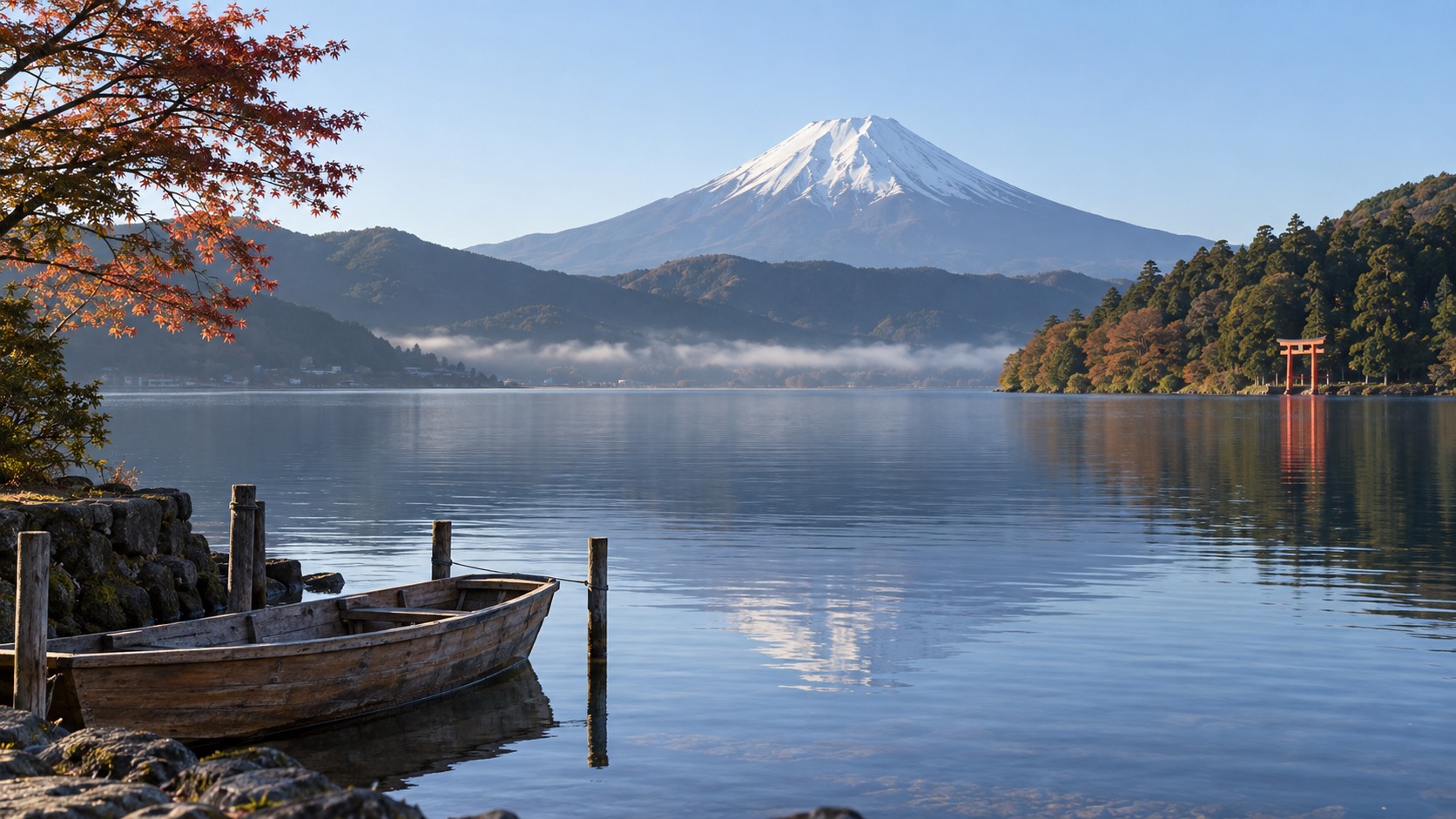 Hakone lake and mountain landscape viewed through autumn trees