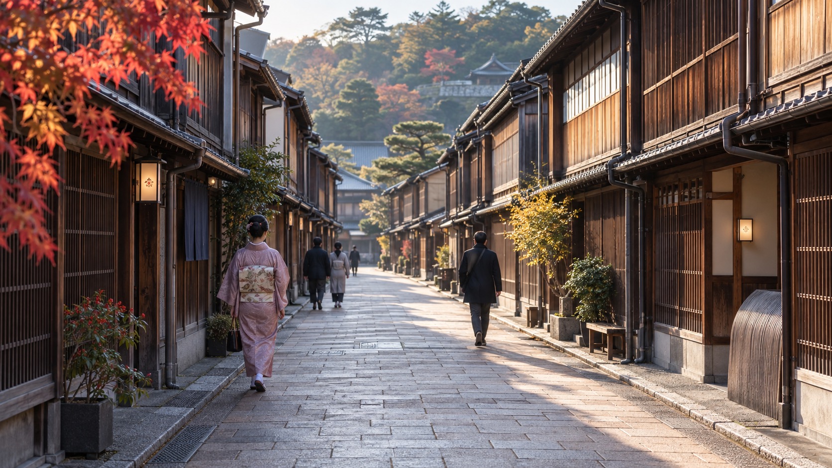 Kanazawa garden and traditional wooden district in soft morning light
