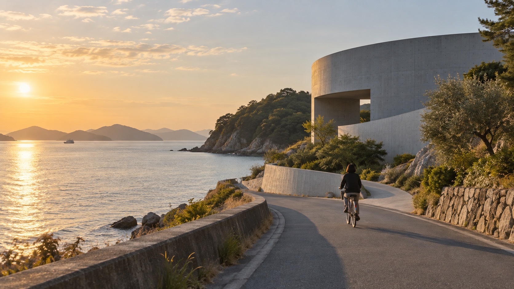Naoshima island landscape with contemporary art architecture beside the Seto Inland Sea