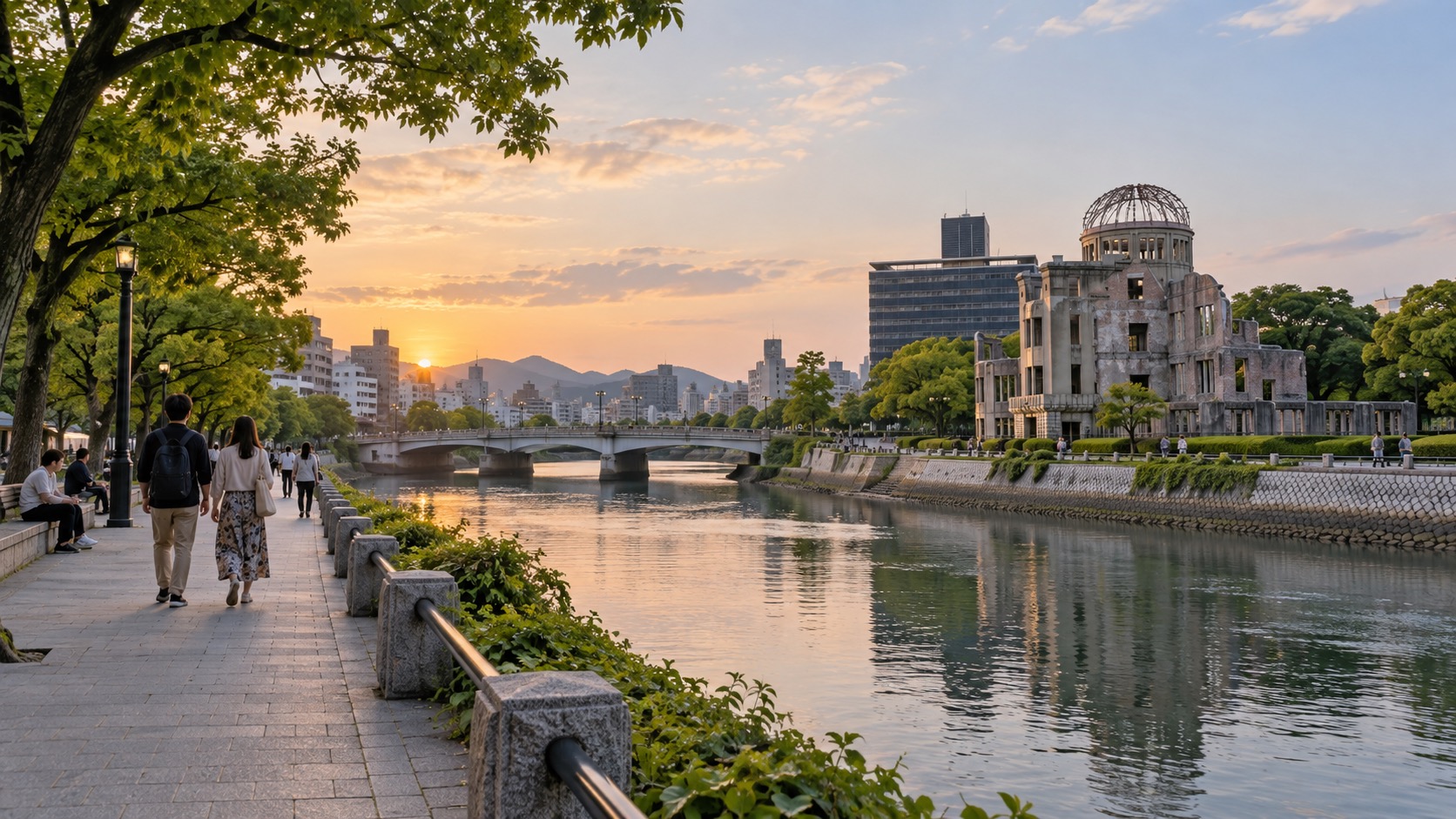Hiroshima riverside promenade and Atomic Bomb Dome in warm evening light